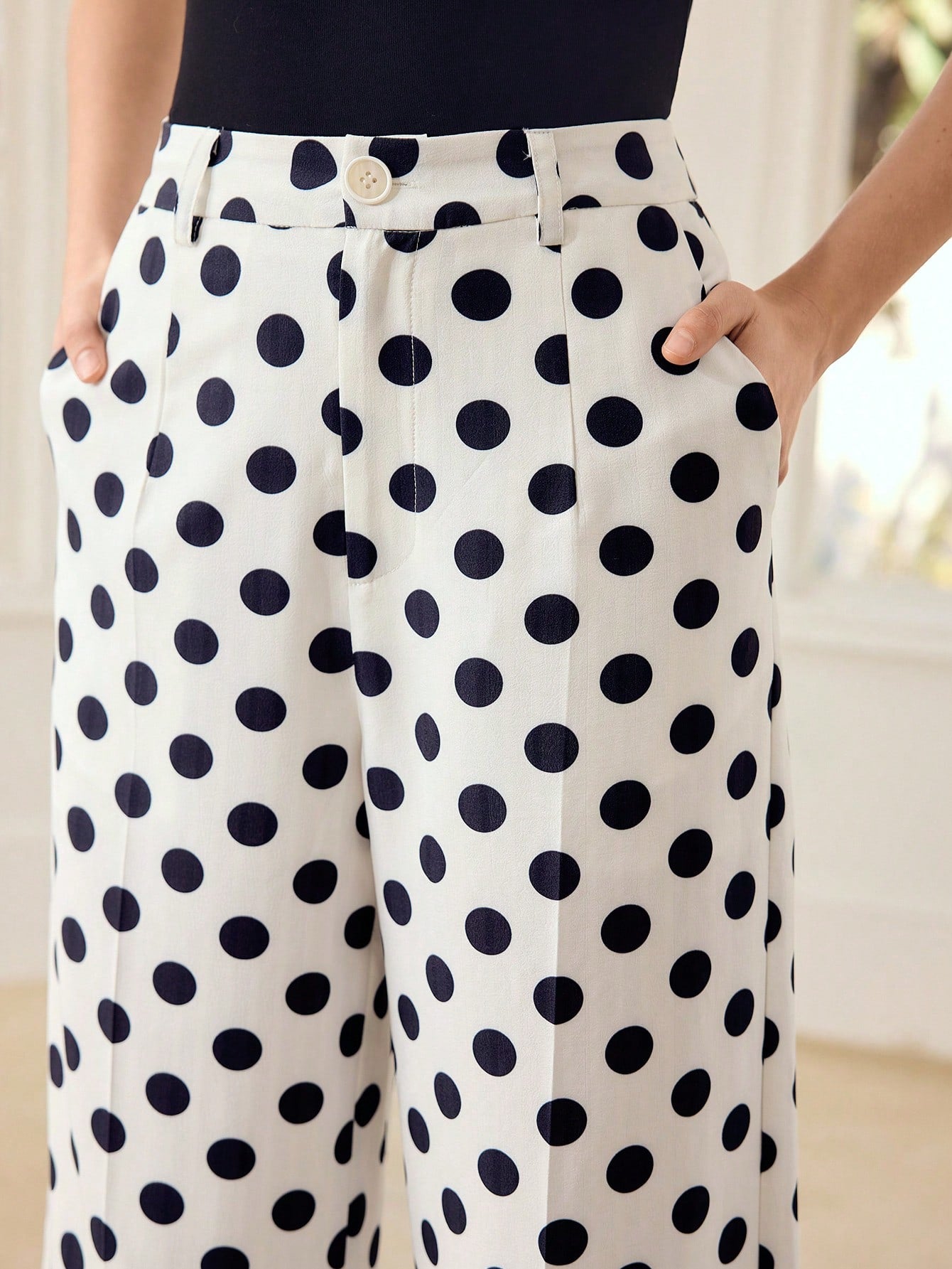 CM-BS333607 Women Elegant Seoul Style Polka Dot Slant Pocket Cuffed Hem Flare Leg Pants - White
