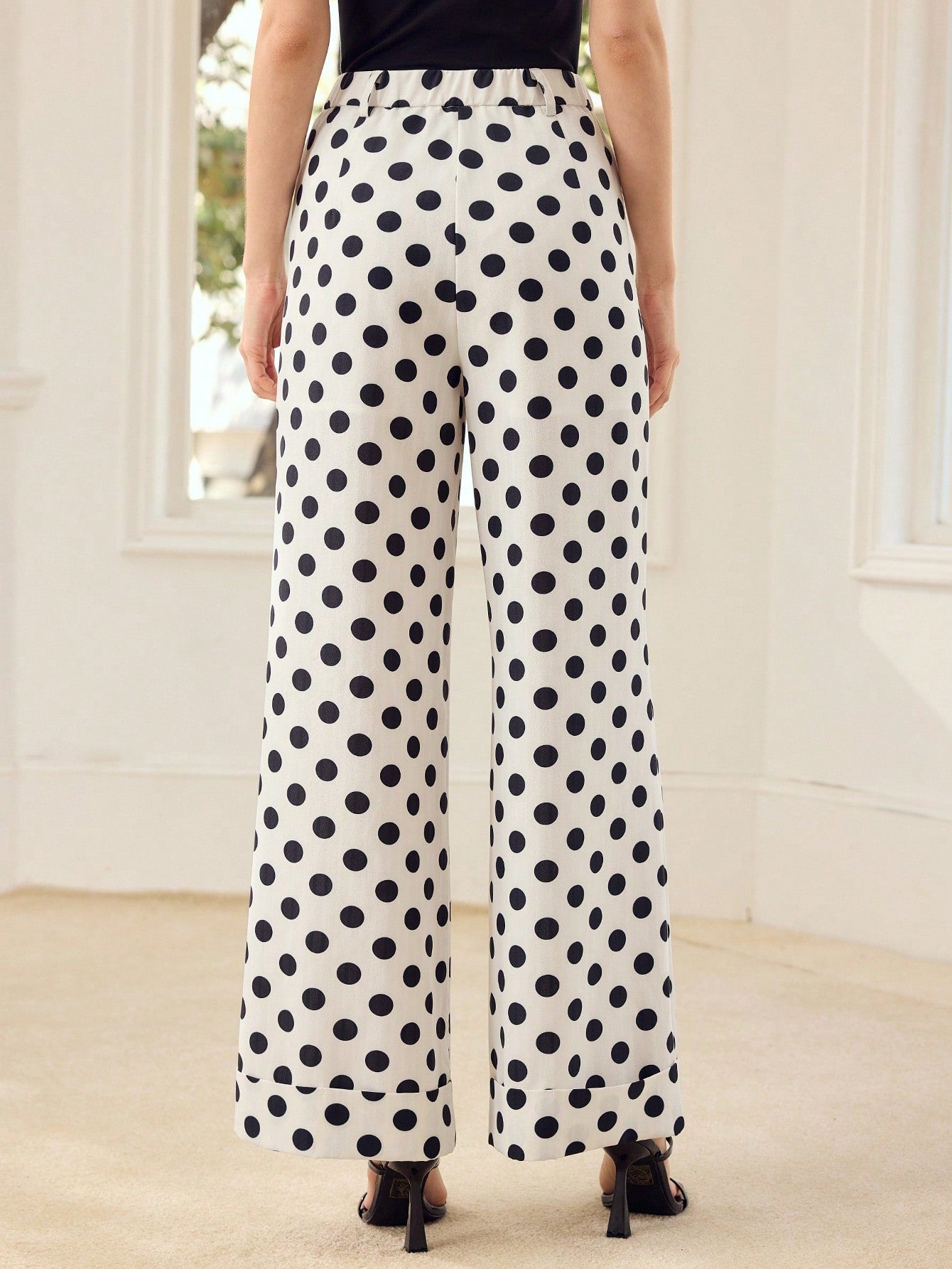 CM-BS333607 Women Elegant Seoul Style Polka Dot Slant Pocket Cuffed Hem Flare Leg Pants - White
