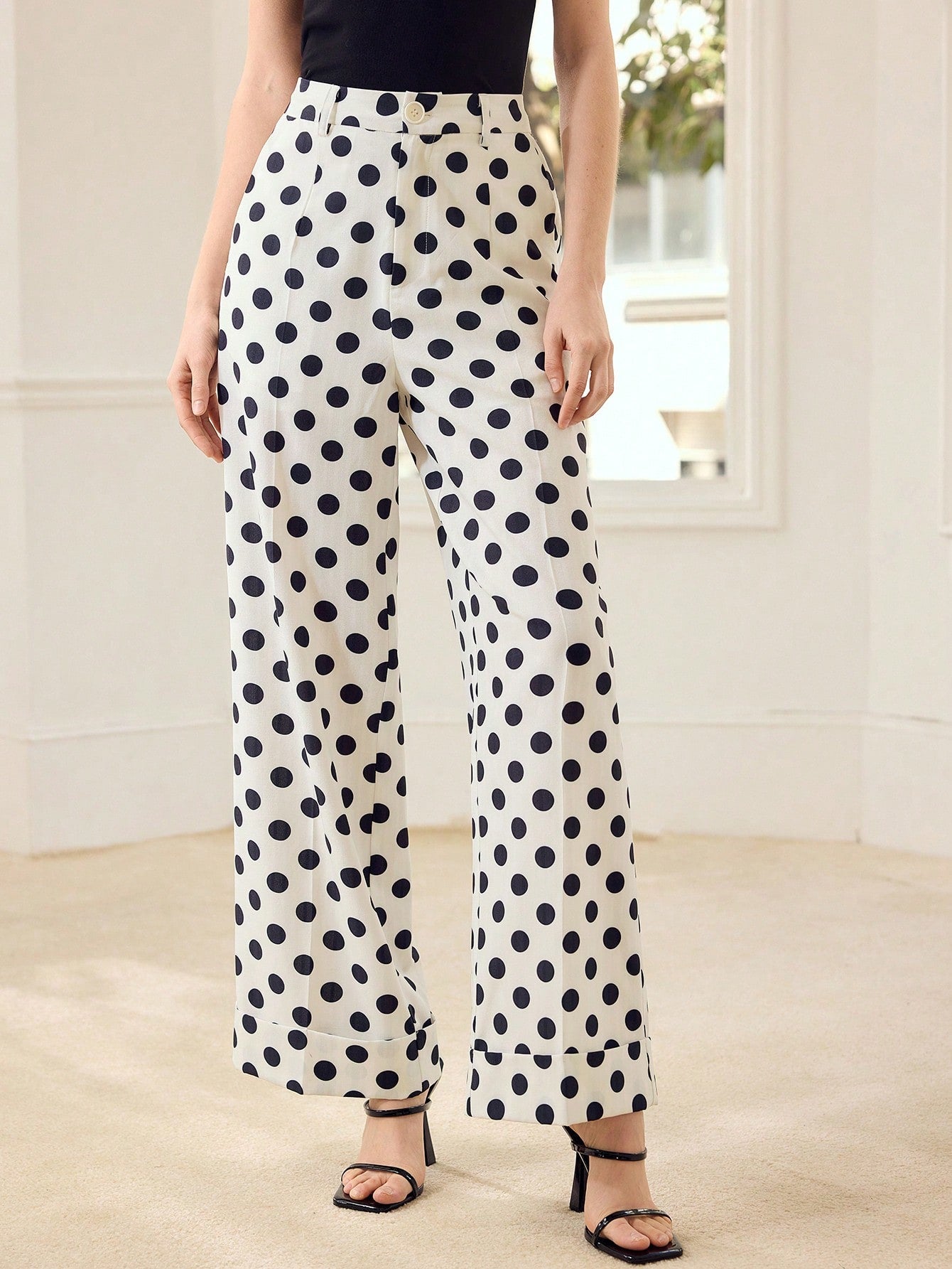 CM-BS333607 Women Elegant Seoul Style Polka Dot Slant Pocket Cuffed Hem Flare Leg Pants - White