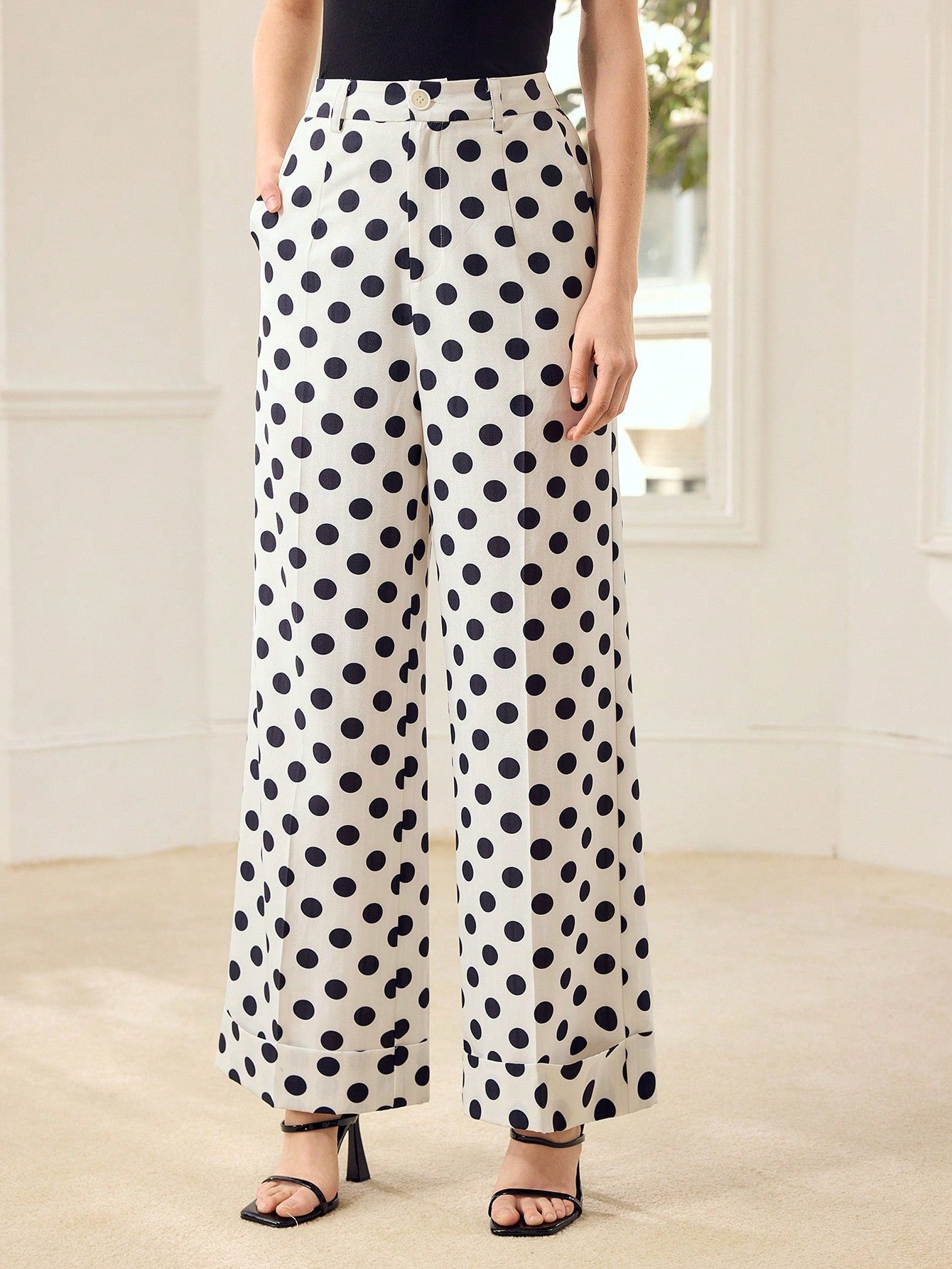 CM-BS333607 Women Elegant Seoul Style Polka Dot Slant Pocket Cuffed Hem Flare Leg Pants - White