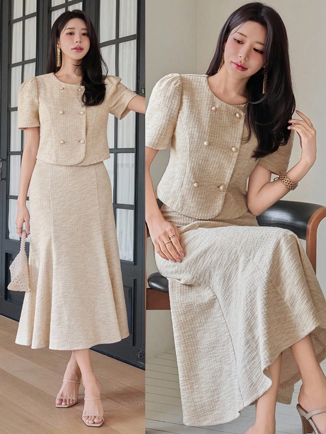 CM-SS455851 Women Elegant Seoul Style Solid Color Round Neck Puff Sleeve Blouse With Fish Tail Hem Skirt - Set