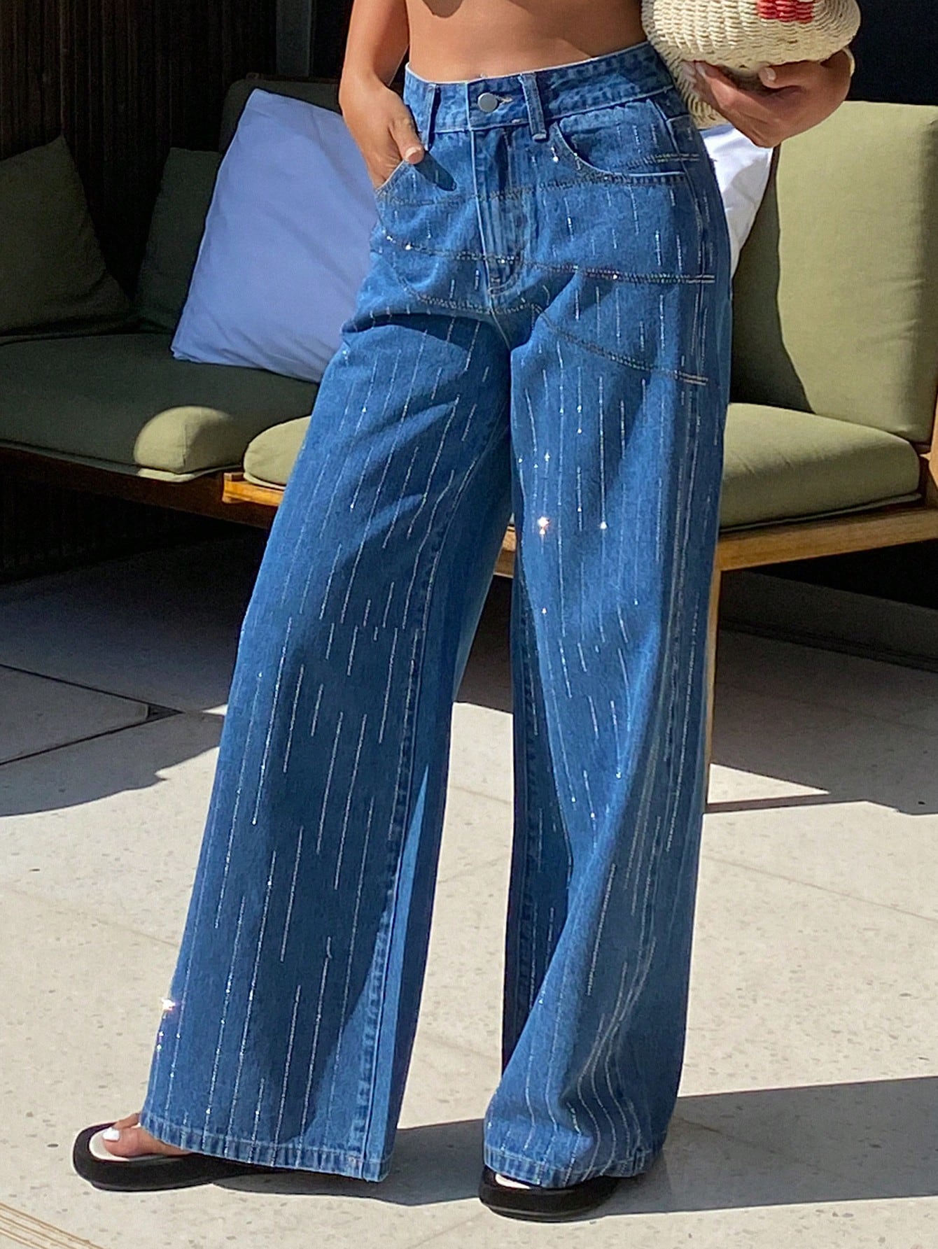 CM-BS164550 Women Casual Seoul Style Medium Wash Rhinestone Embellished Loose Straight Leg Jeans