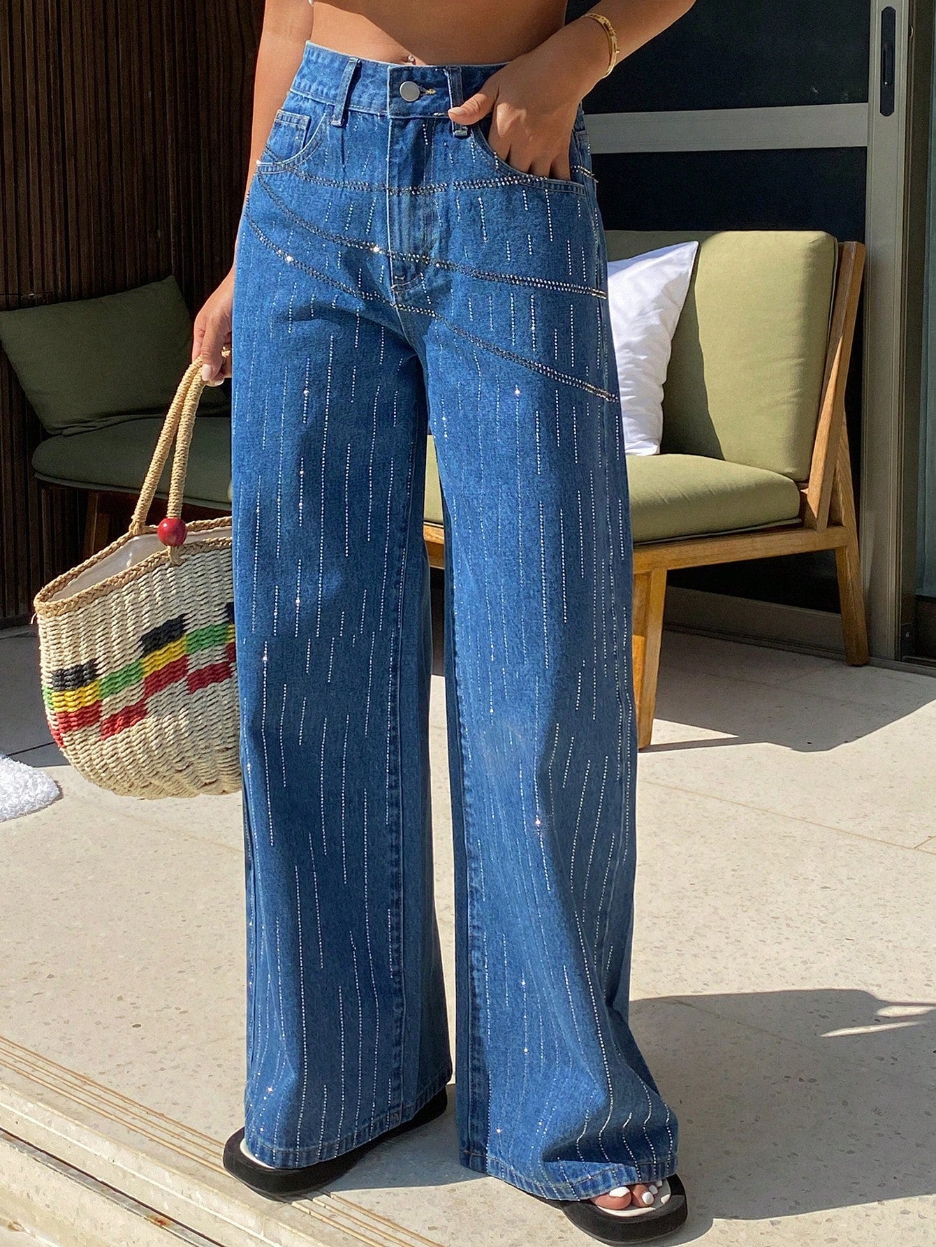 CM-BS164550 Women Casual Seoul Style Medium Wash Rhinestone Embellished Loose Straight Leg Jeans