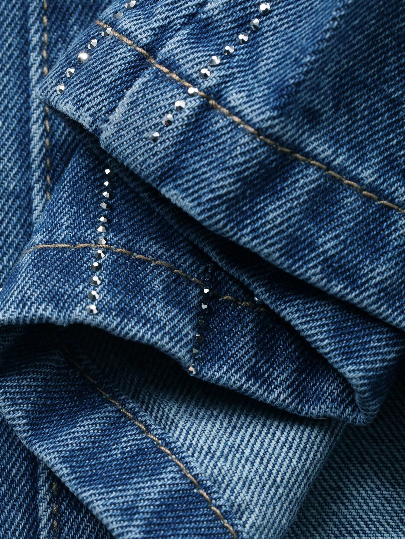 CM-BS164550 Women Casual Seoul Style Medium Wash Rhinestone Embellished Loose Straight Leg Jeans