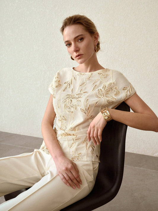 CM-TS357878 Women Elegant Seoul Style Round Neck Short Sleeve Sequin Hollow Floral Embroidery Blouse - Apricot