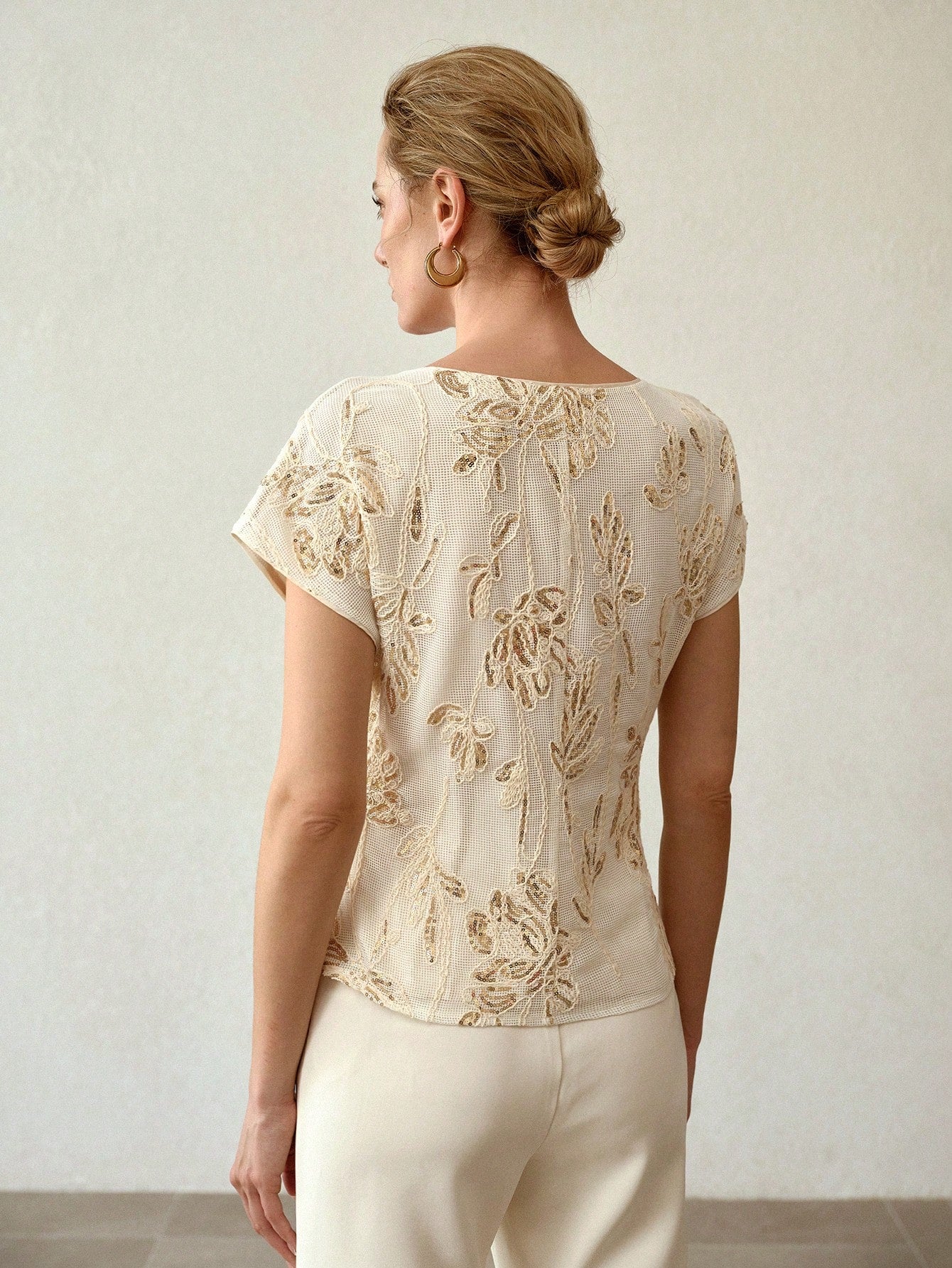 CM-TS357878 Women Elegant Seoul Style Round Neck Short Sleeve Sequin Hollow Floral Embroidery Blouse - Apricot