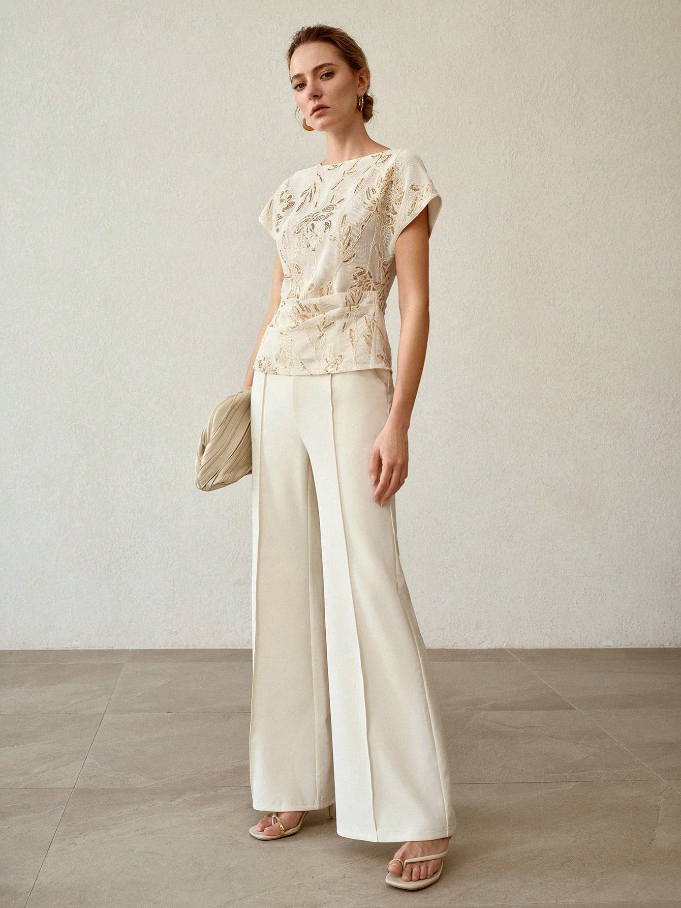 CM-TS357878 Women Elegant Seoul Style Round Neck Short Sleeve Sequin Hollow Floral Embroidery Blouse - Apricot