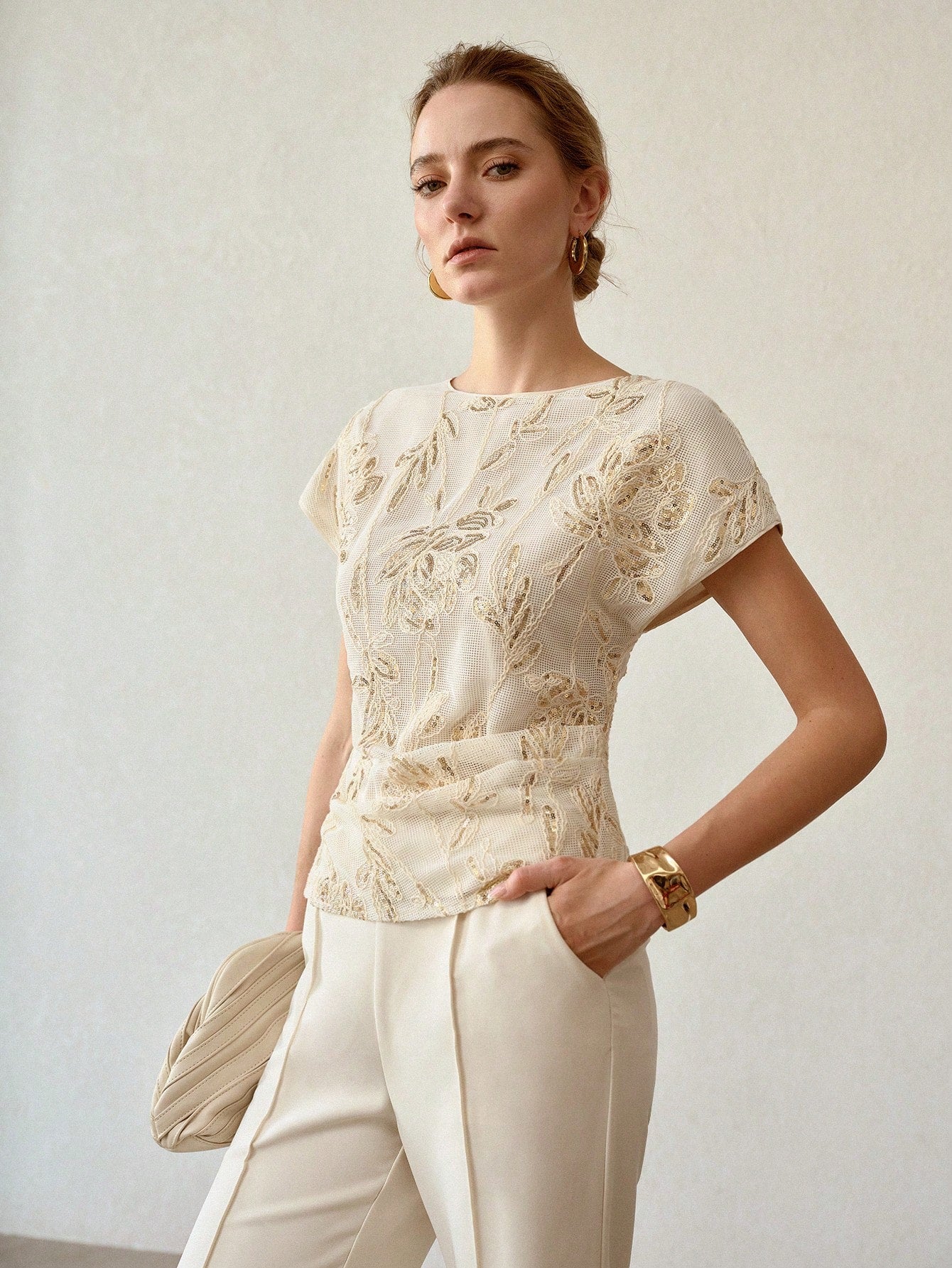 CM-TS357878 Women Elegant Seoul Style Round Neck Short Sleeve Sequin Hollow Floral Embroidery Blouse - Apricot