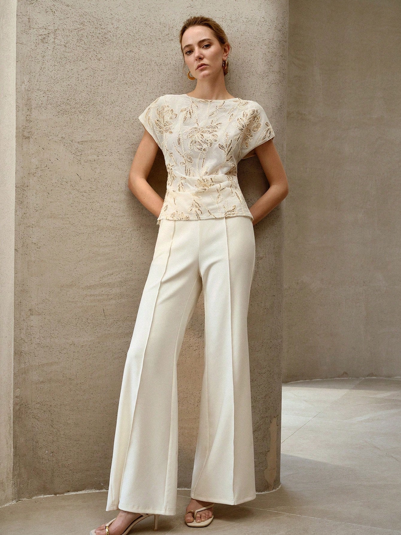 CM-TS357878 Women Elegant Seoul Style Round Neck Short Sleeve Sequin Hollow Floral Embroidery Blouse - Apricot