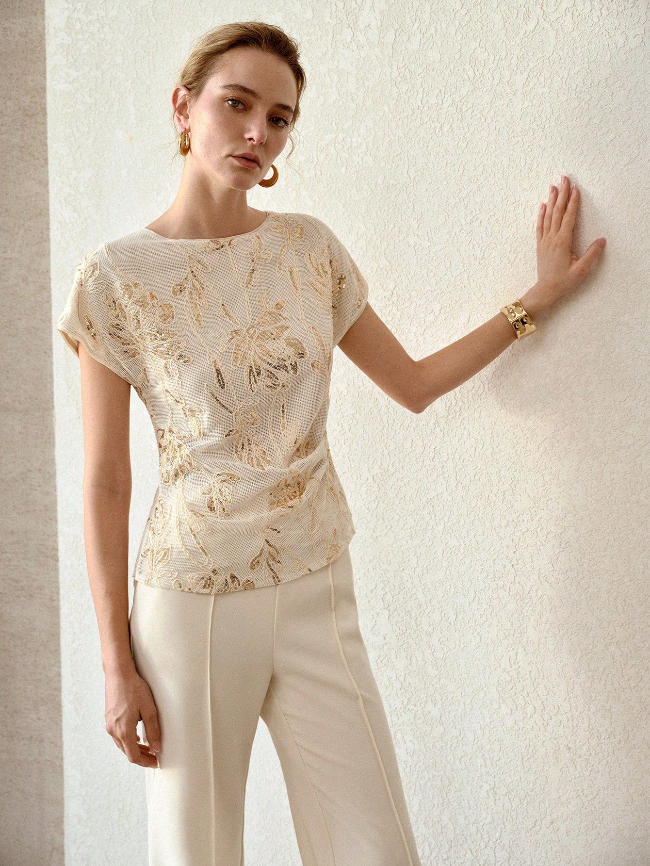 CM-TS357878 Women Elegant Seoul Style Round Neck Short Sleeve Sequin Hollow Floral Embroidery Blouse - Apricot