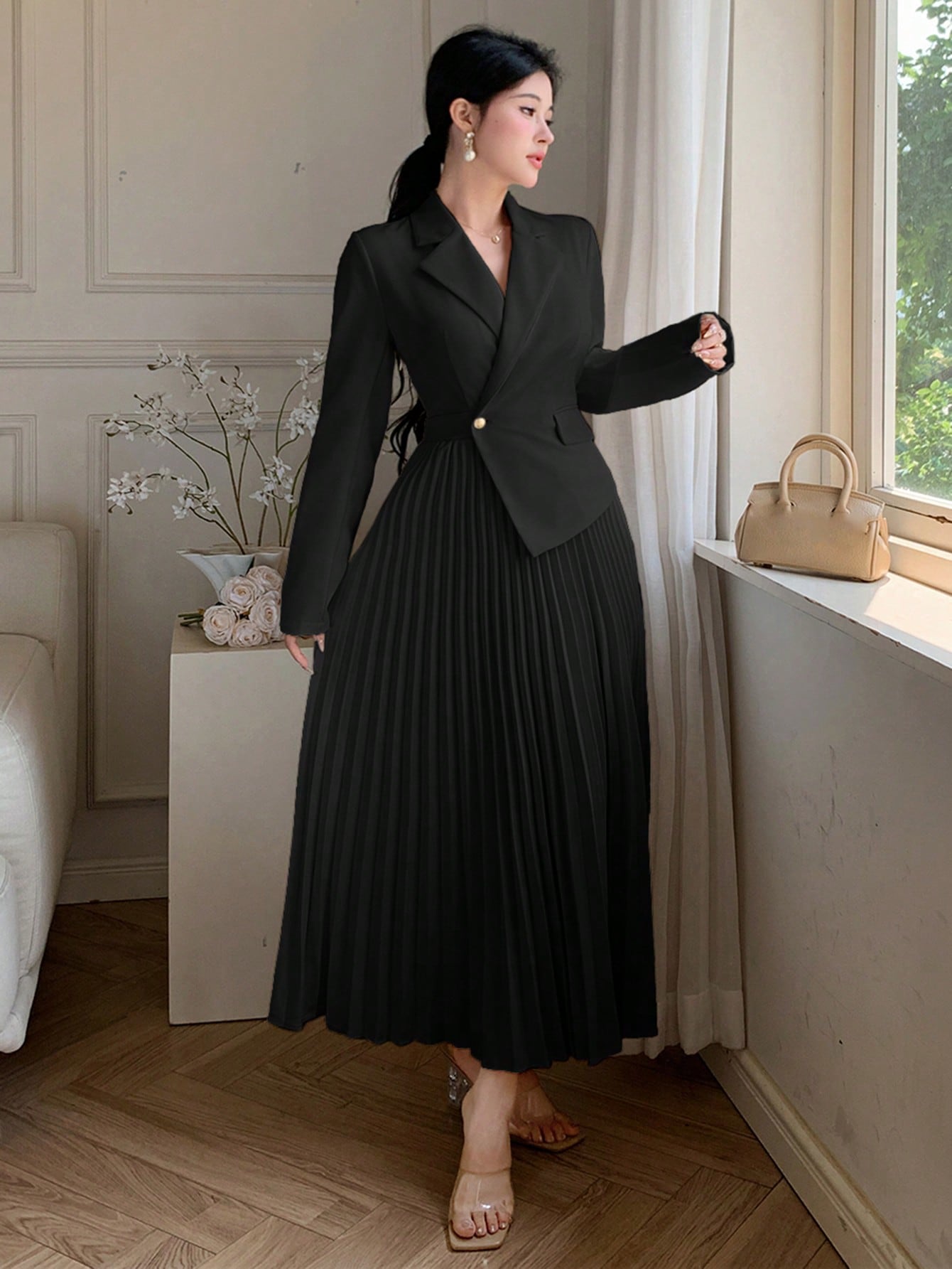 CM-DS605619 Women Elegant Seoul Style Lapel Neckline Long Sleeve Asymmetric Hem Pleated Midi Dress - Black
