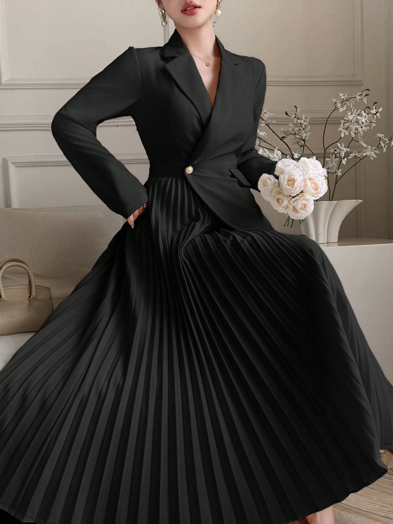 CM-DS605619 Women Elegant Seoul Style Lapel Neckline Long Sleeve Asymmetric Hem Pleated Midi Dress - Black