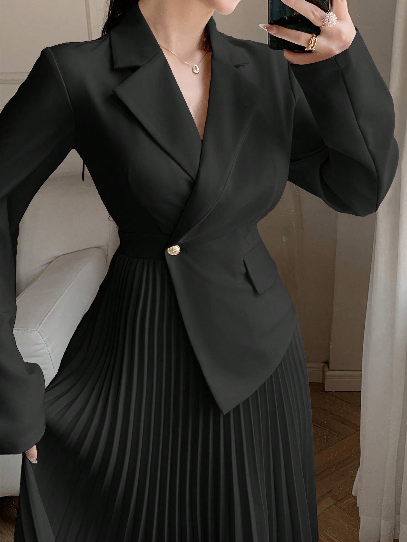 CM-DS605619 Women Elegant Seoul Style Lapel Neckline Long Sleeve Asymmetric Hem Pleated Midi Dress - Black