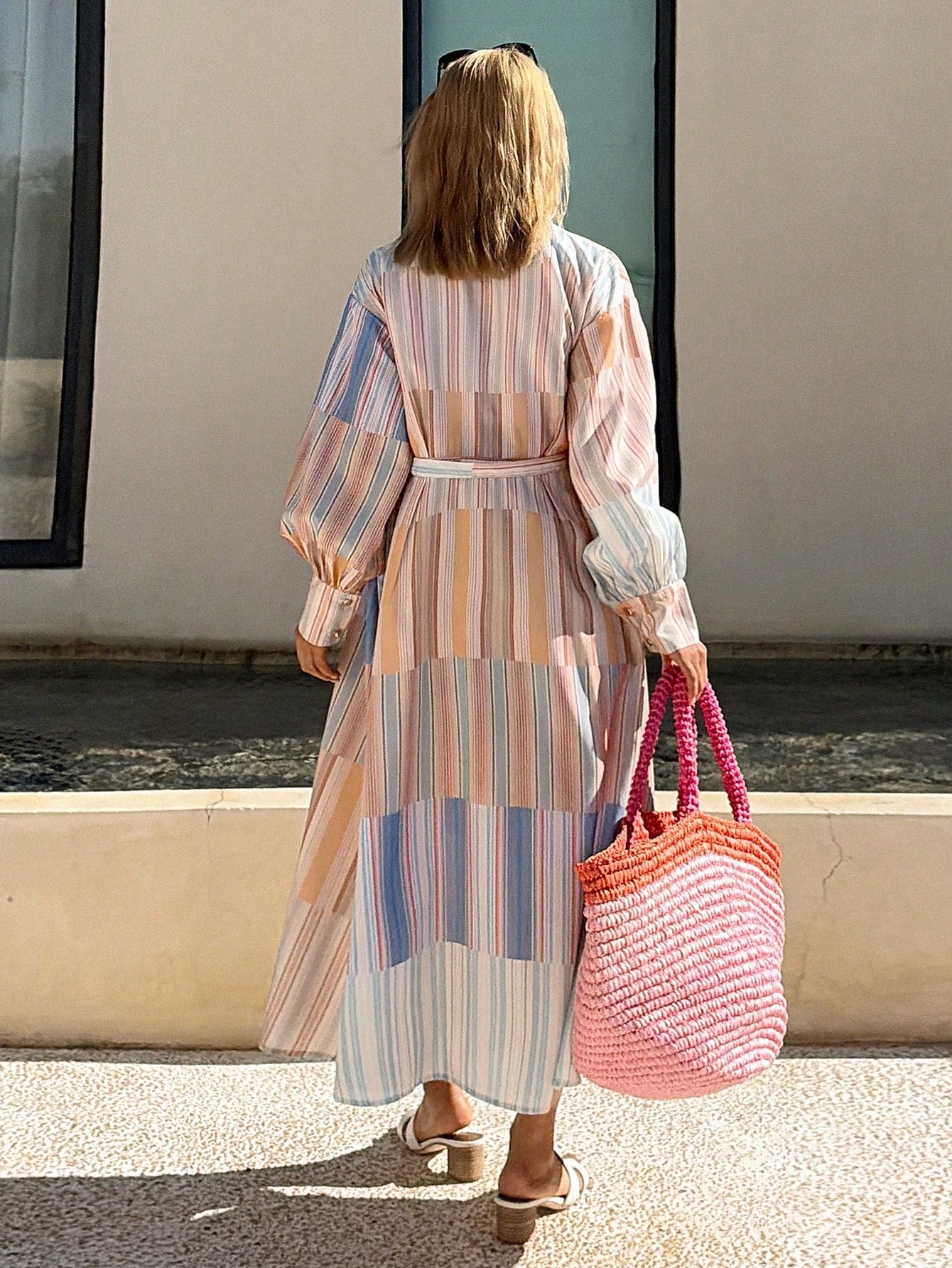 CM-DS418879 Women Trendy Bohemian Style Collar Neckline Long Sleeve Colorblock Striped Belted Shirt Dress