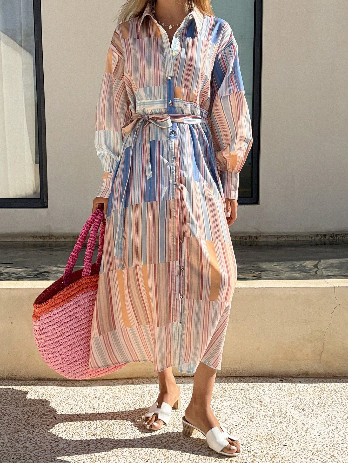 CM-DS418879 Women Trendy Bohemian Style Collar Neckline Long Sleeve Colorblock Striped Belted Shirt Dress