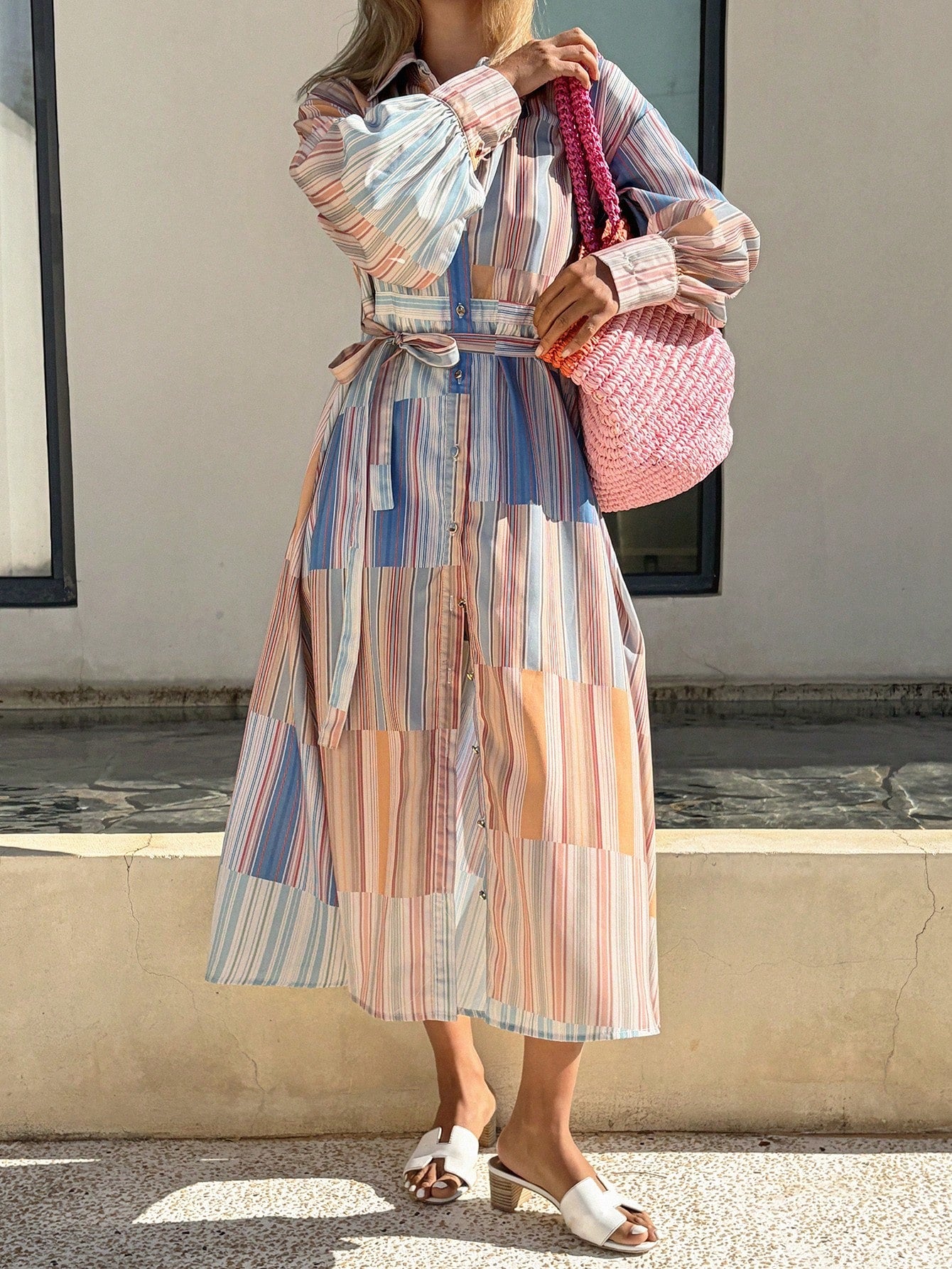 CM-DS418879 Women Trendy Bohemian Style Collar Neckline Long Sleeve Colorblock Striped Belted Shirt Dress