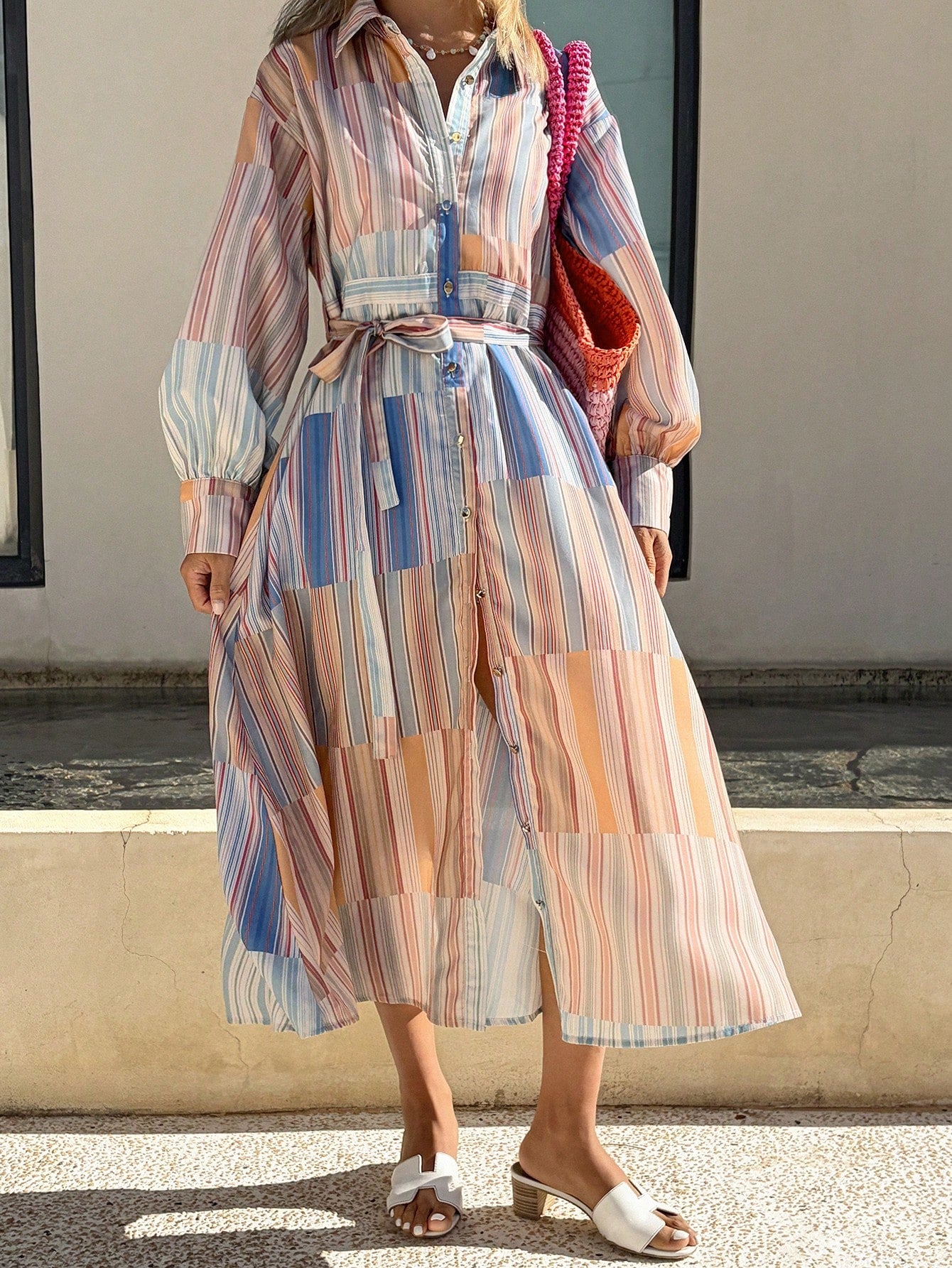 CM-DS418879 Women Trendy Bohemian Style Collar Neckline Long Sleeve Colorblock Striped Belted Shirt Dress
