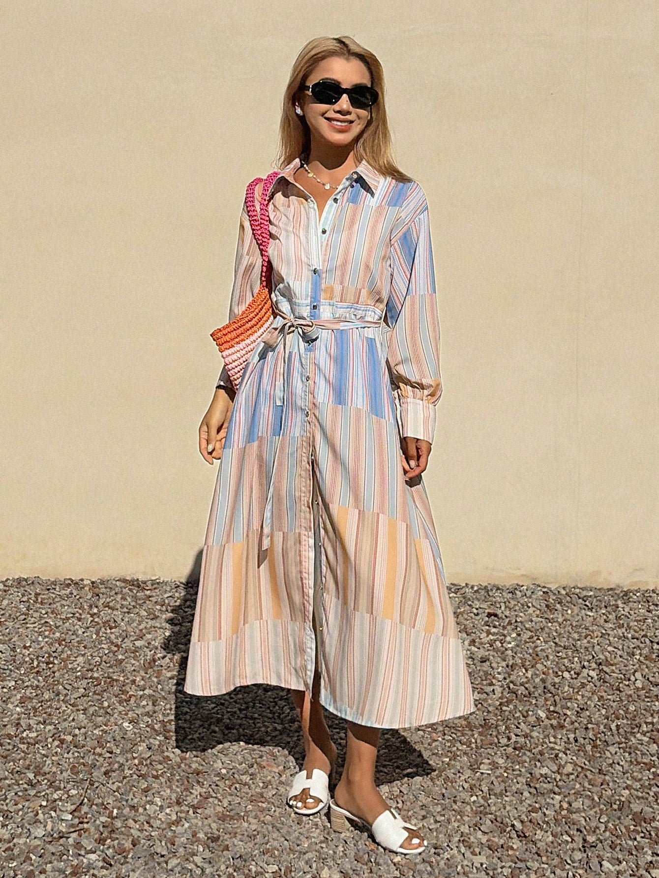 CM-DS418879 Women Trendy Bohemian Style Collar Neckline Long Sleeve Colorblock Striped Belted Shirt Dress