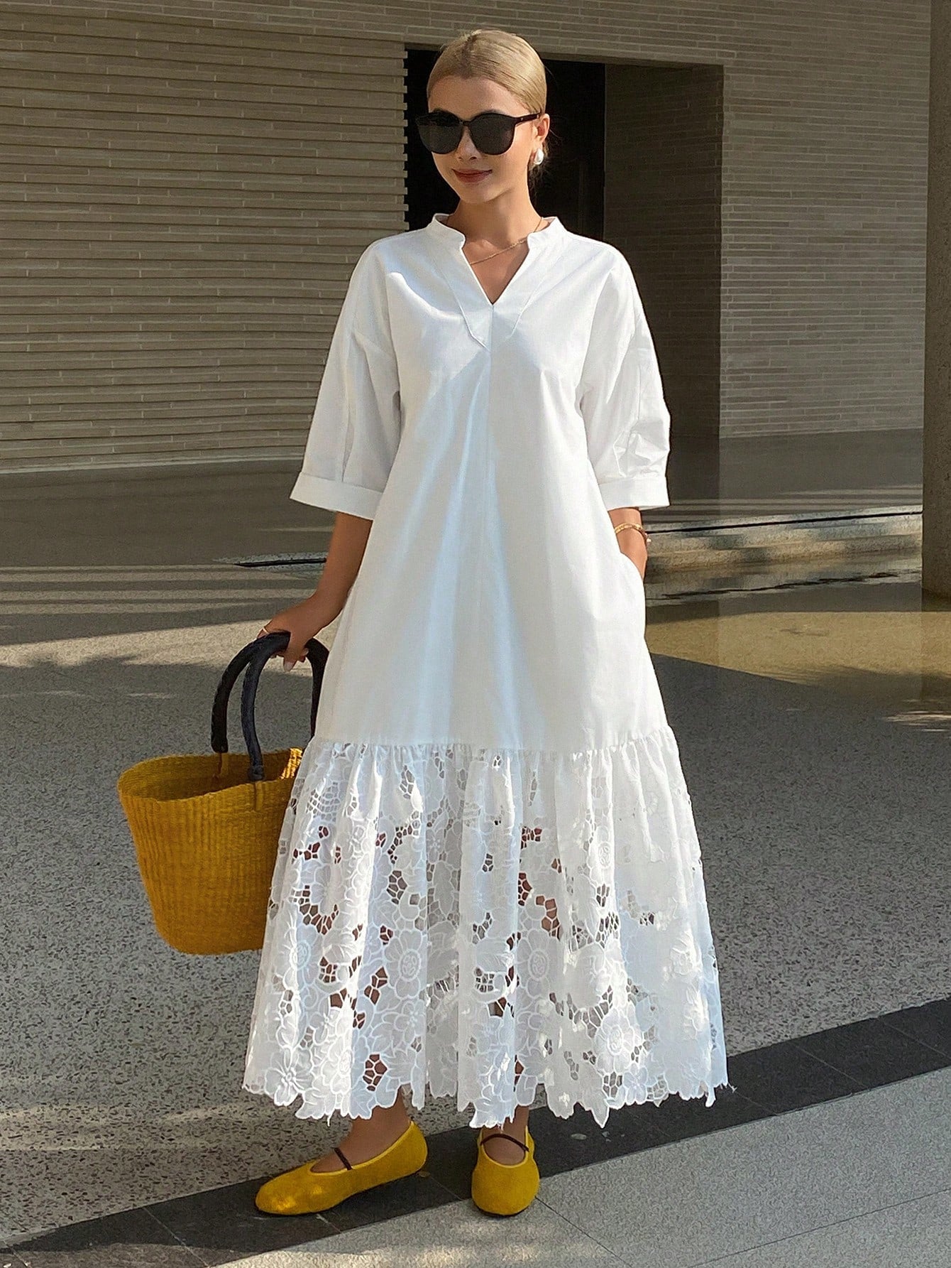 CM-DS485885 Women Trendy Bohemian Style Lace Patchwork Stand Collar 3/4 Sleeve Long Shirt Dress