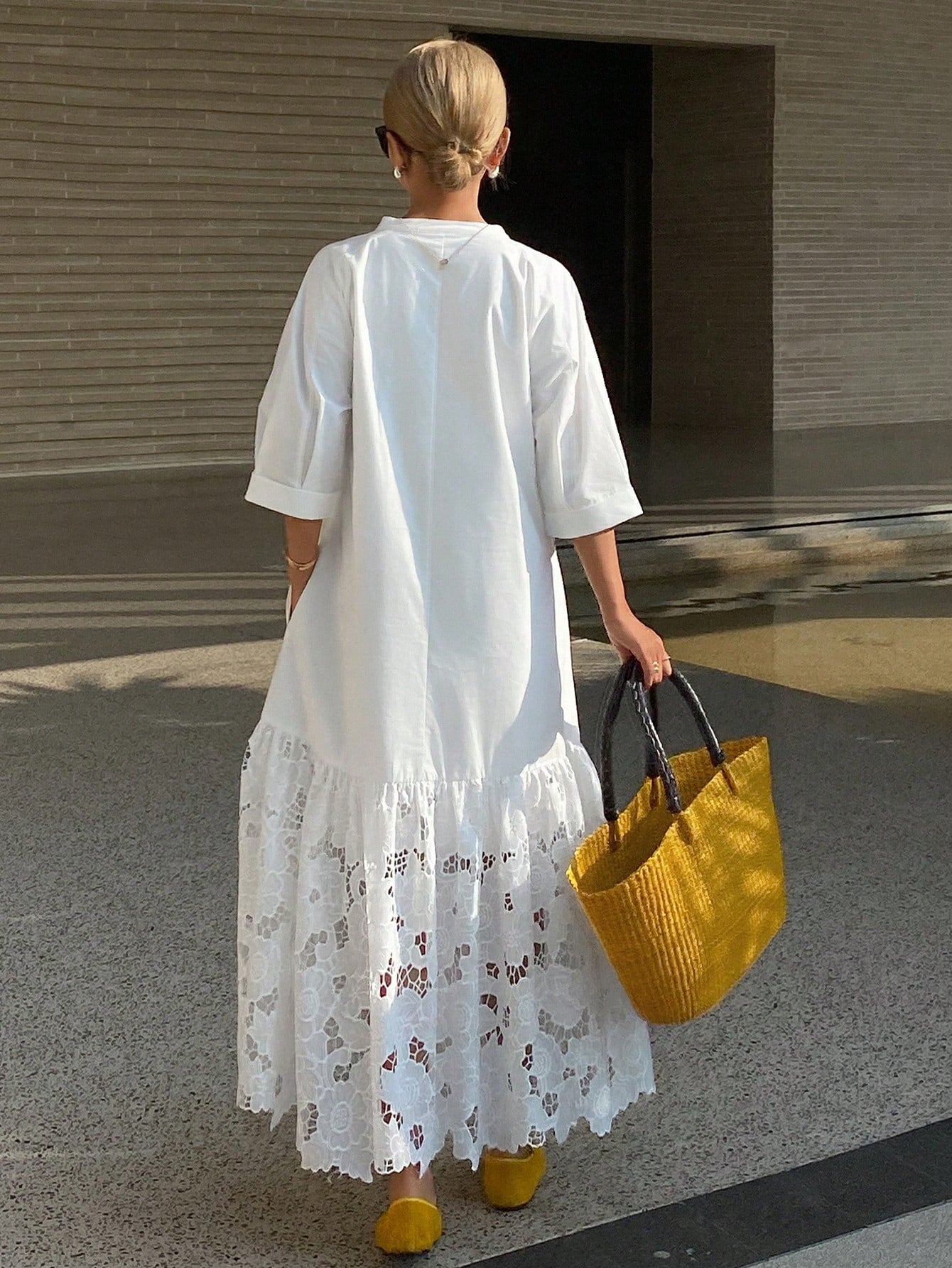 CM-DS485885 Women Trendy Bohemian Style Lace Patchwork Stand Collar 3/4 Sleeve Long Shirt Dress