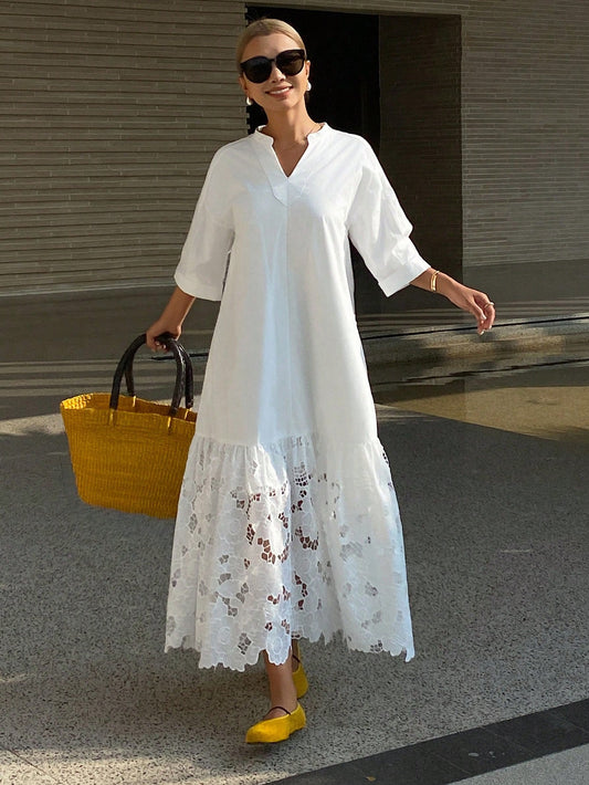 CM-DS485885 Women Trendy Bohemian Style Lace Patchwork Stand Collar 3/4 Sleeve Long Shirt Dress