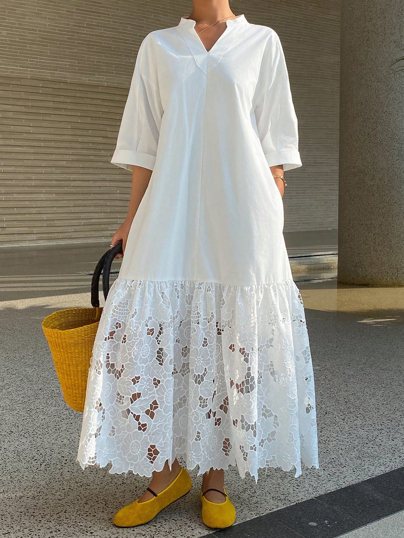 CM-DS485885 Women Trendy Bohemian Style Lace Patchwork Stand Collar 3/4 Sleeve Long Shirt Dress