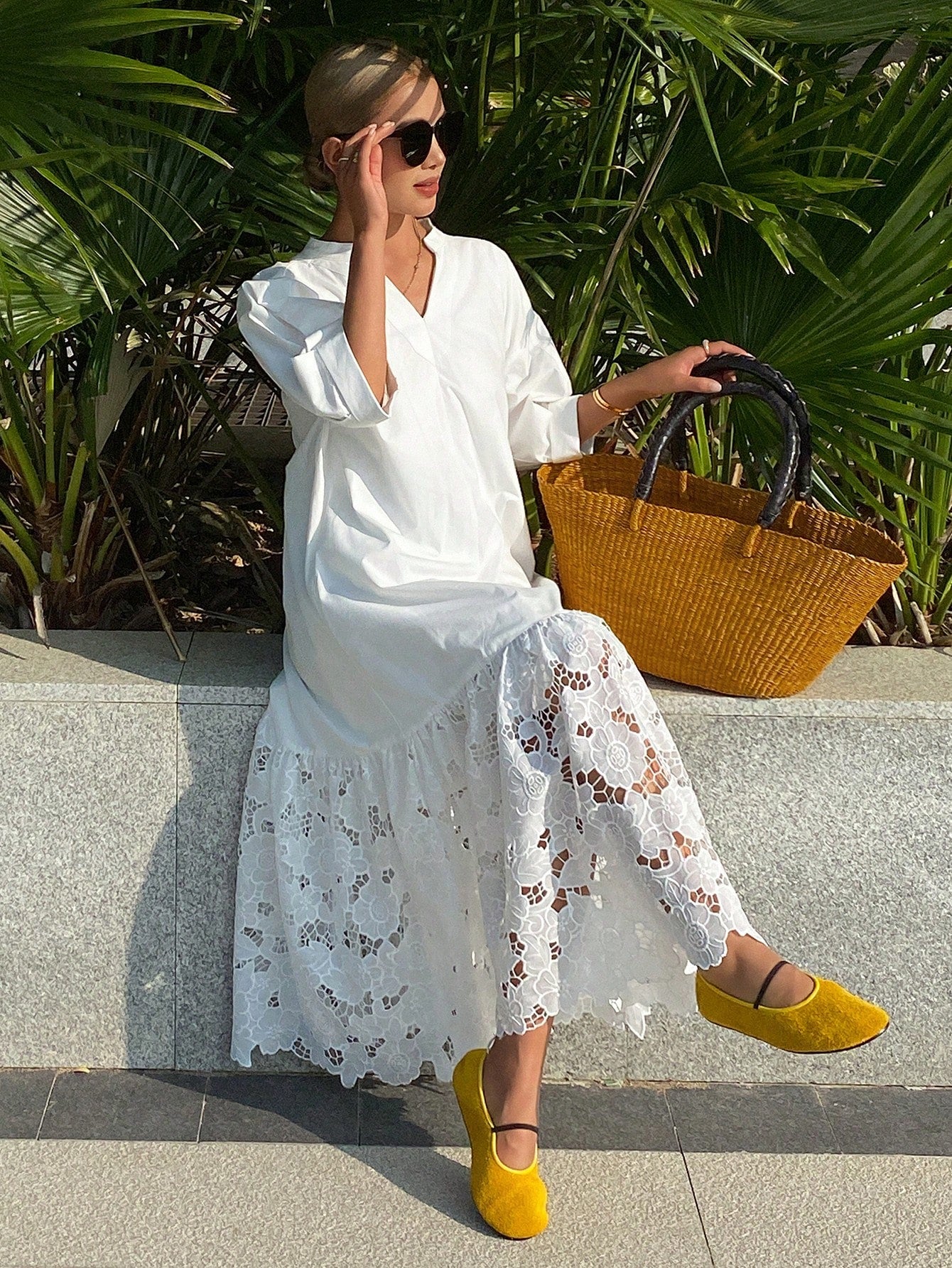 CM-DS485885 Women Trendy Bohemian Style Lace Patchwork Stand Collar 3/4 Sleeve Long Shirt Dress