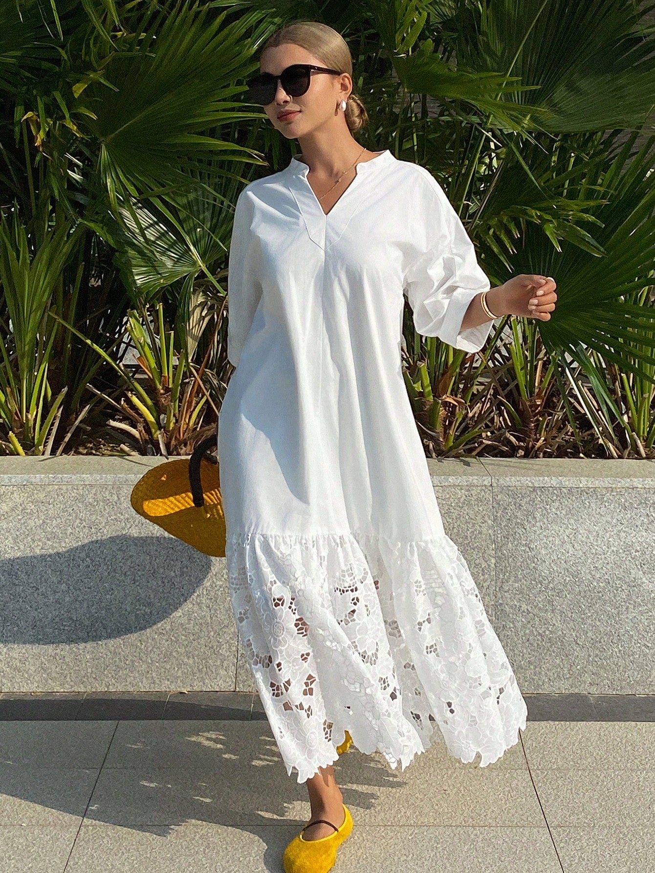 CM-DS485885 Women Trendy Bohemian Style Lace Patchwork Stand Collar 3/4 Sleeve Long Shirt Dress