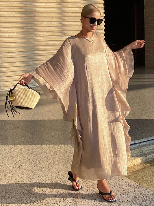 CM-DS193913 Women Trendy Bohemian Style Round Neck Batwing Sleeves Midi Dress - Khaki