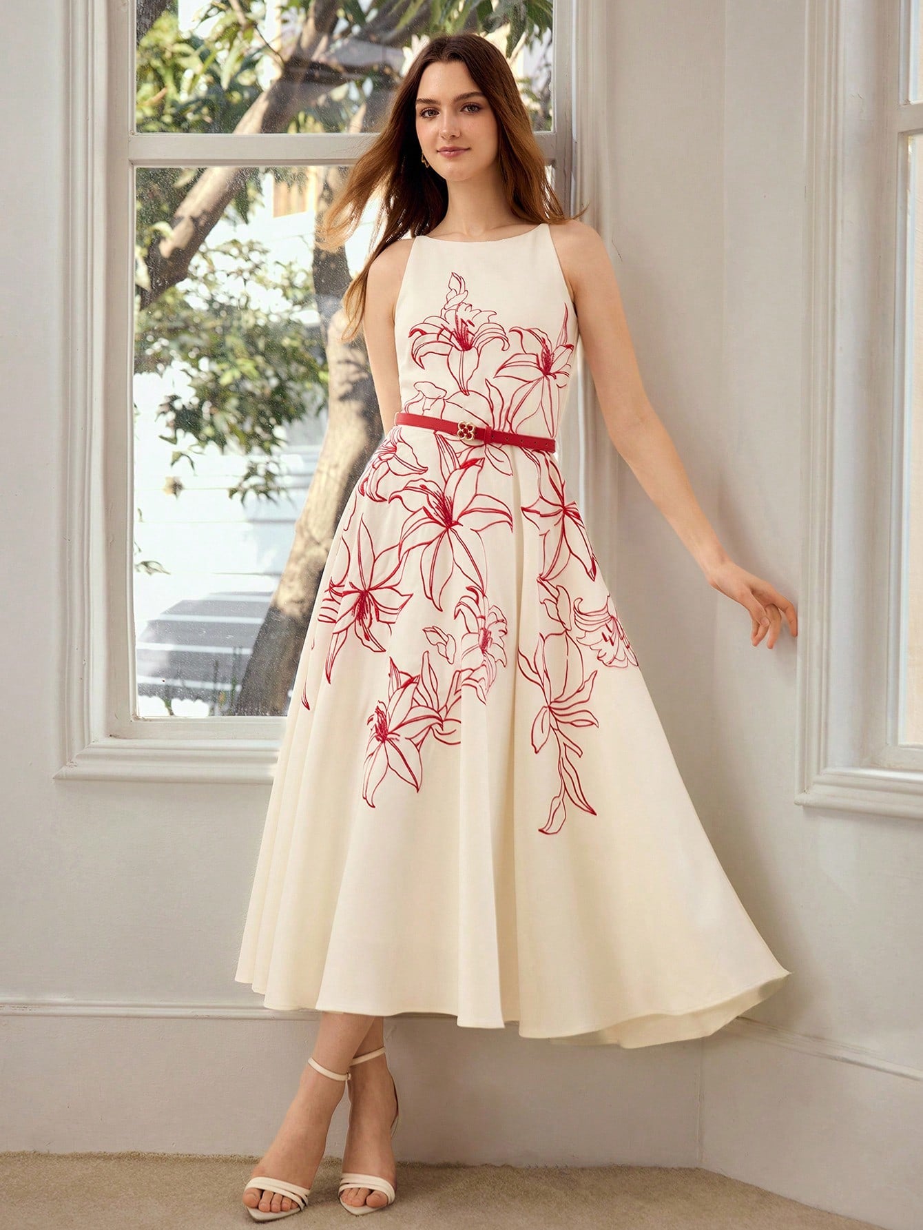 CM-DS885390 Women Elegant Seoul Style Spaghetti Strap Sleeveless Embroidered Belted Midi Dress