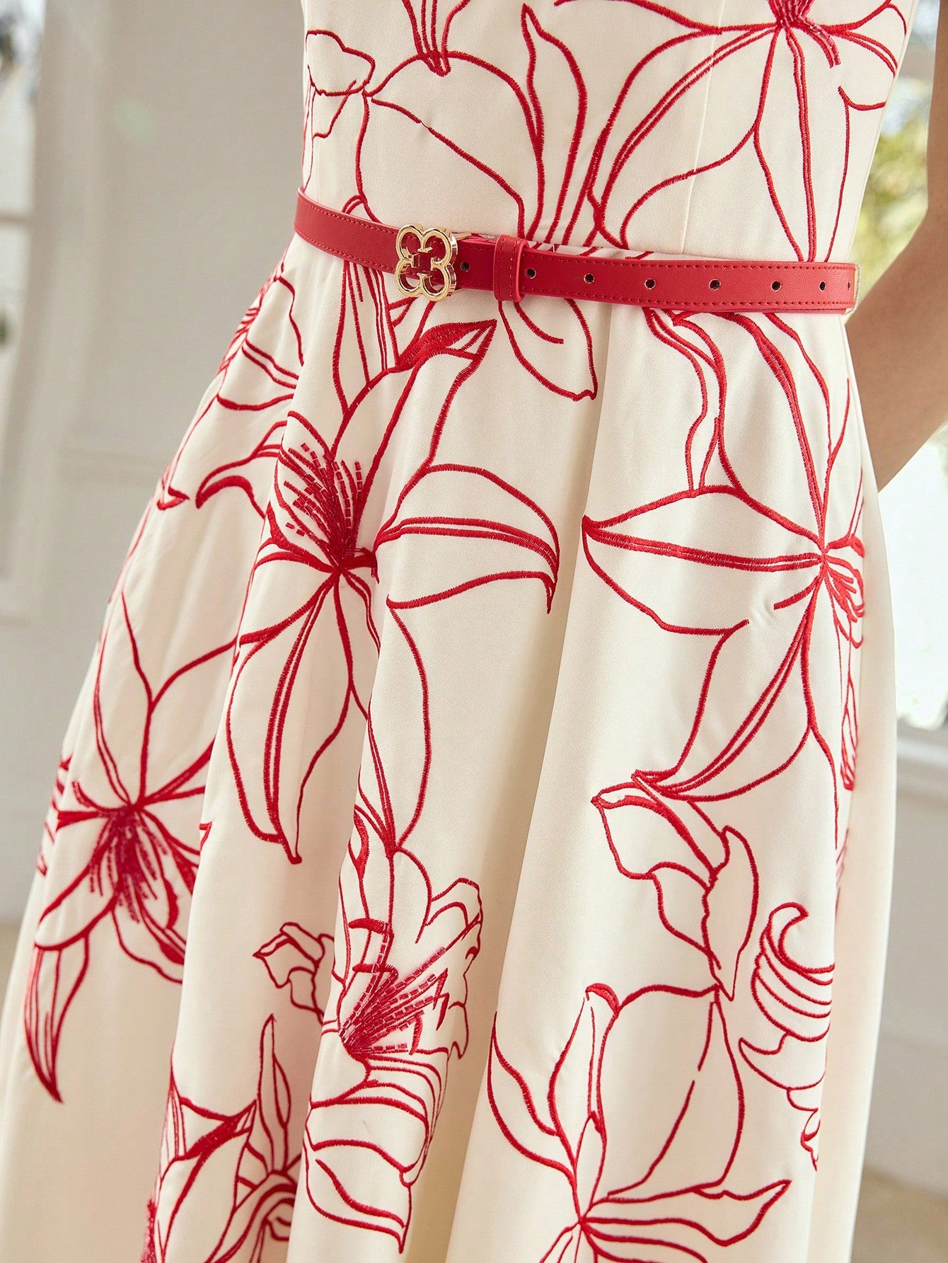 CM-DS885390 Women Elegant Seoul Style Spaghetti Strap Sleeveless Embroidered Belted Midi Dress