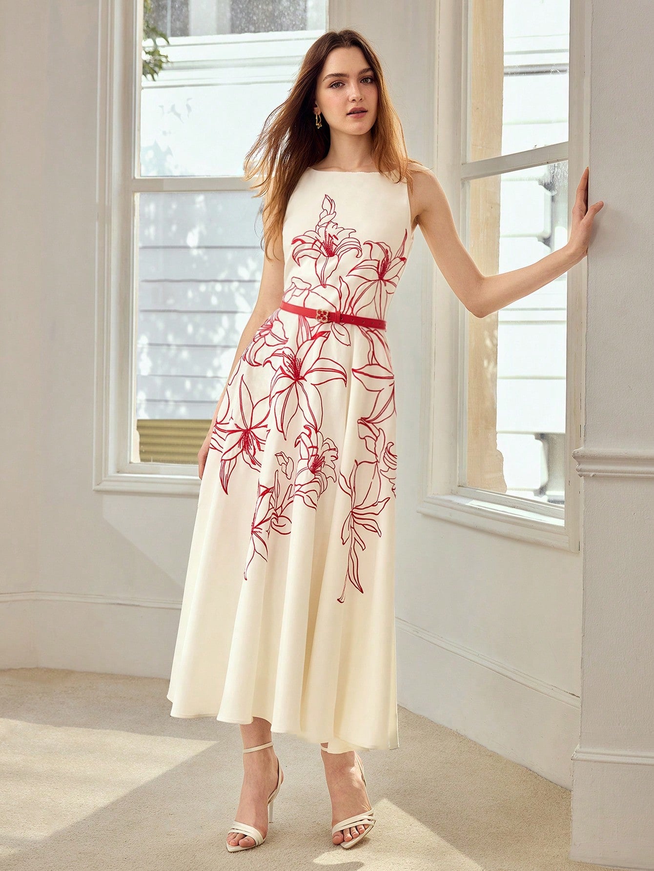 CM-DS885390 Women Elegant Seoul Style Spaghetti Strap Sleeveless Embroidered Belted Midi Dress