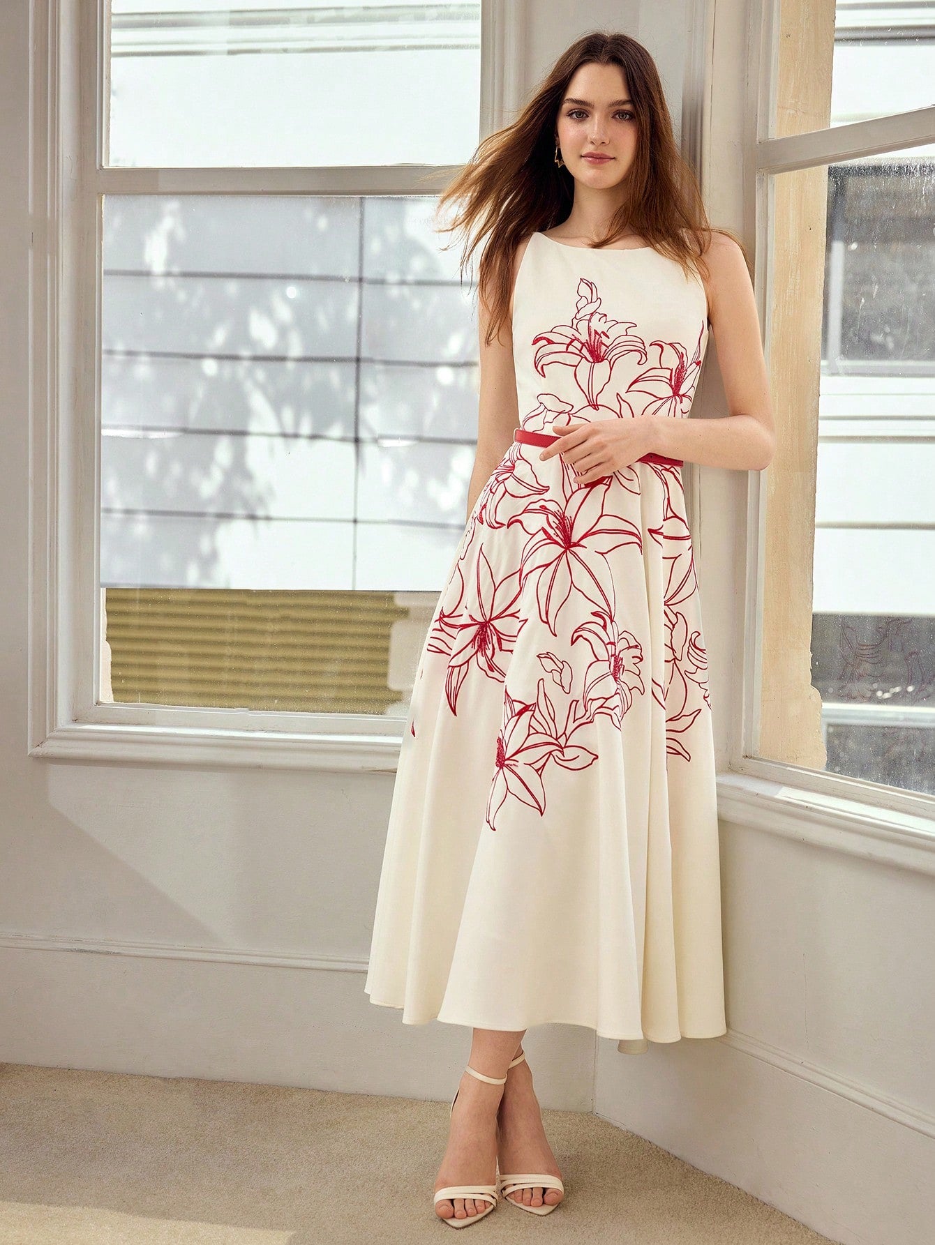 CM-DS885390 Women Elegant Seoul Style Spaghetti Strap Sleeveless Embroidered Belted Midi Dress