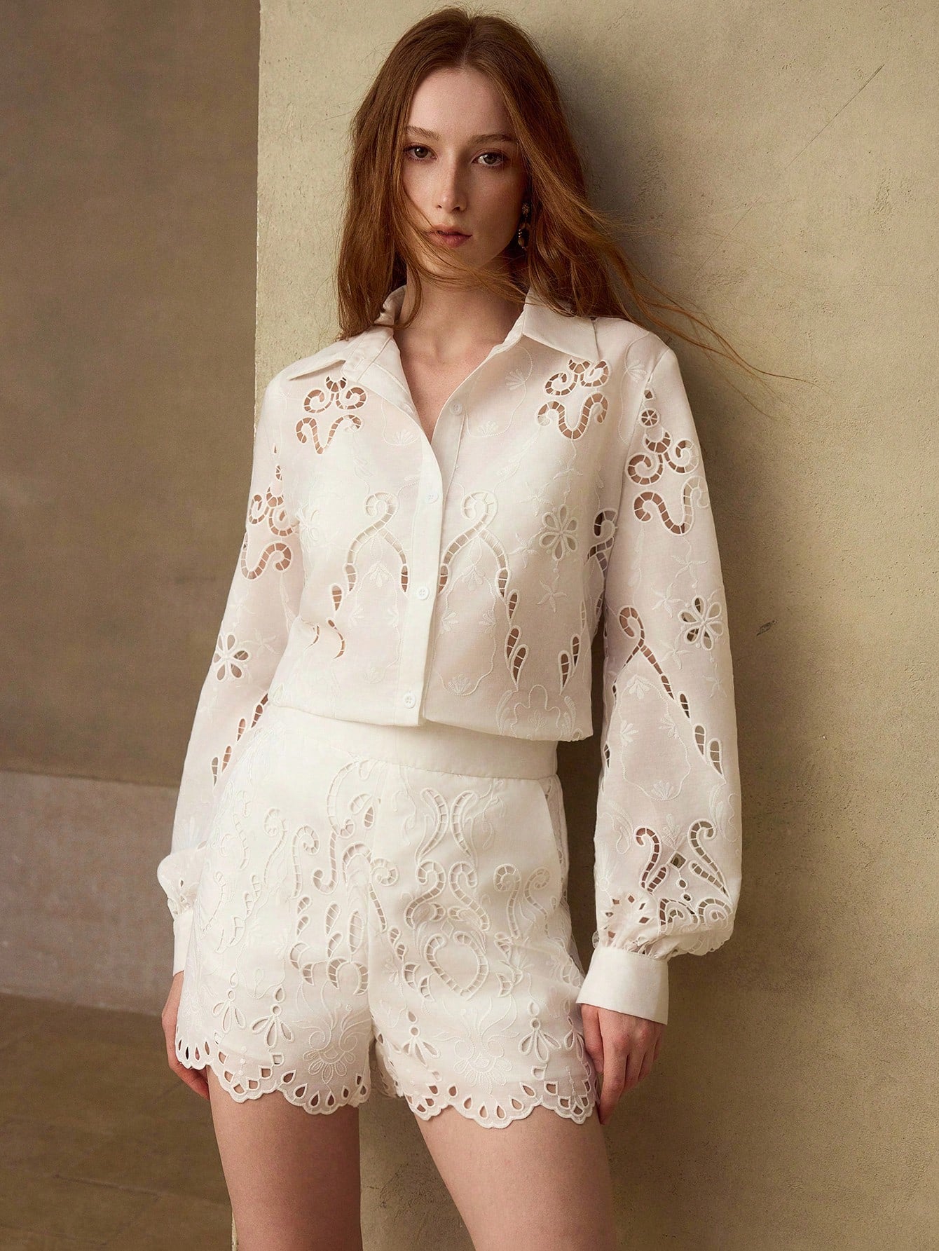 CM-SS320100 Women Trendy Bohemian Style Hollow Out Embroidered Pattern Jacquard Long Sleeve Top With Shorts - Set