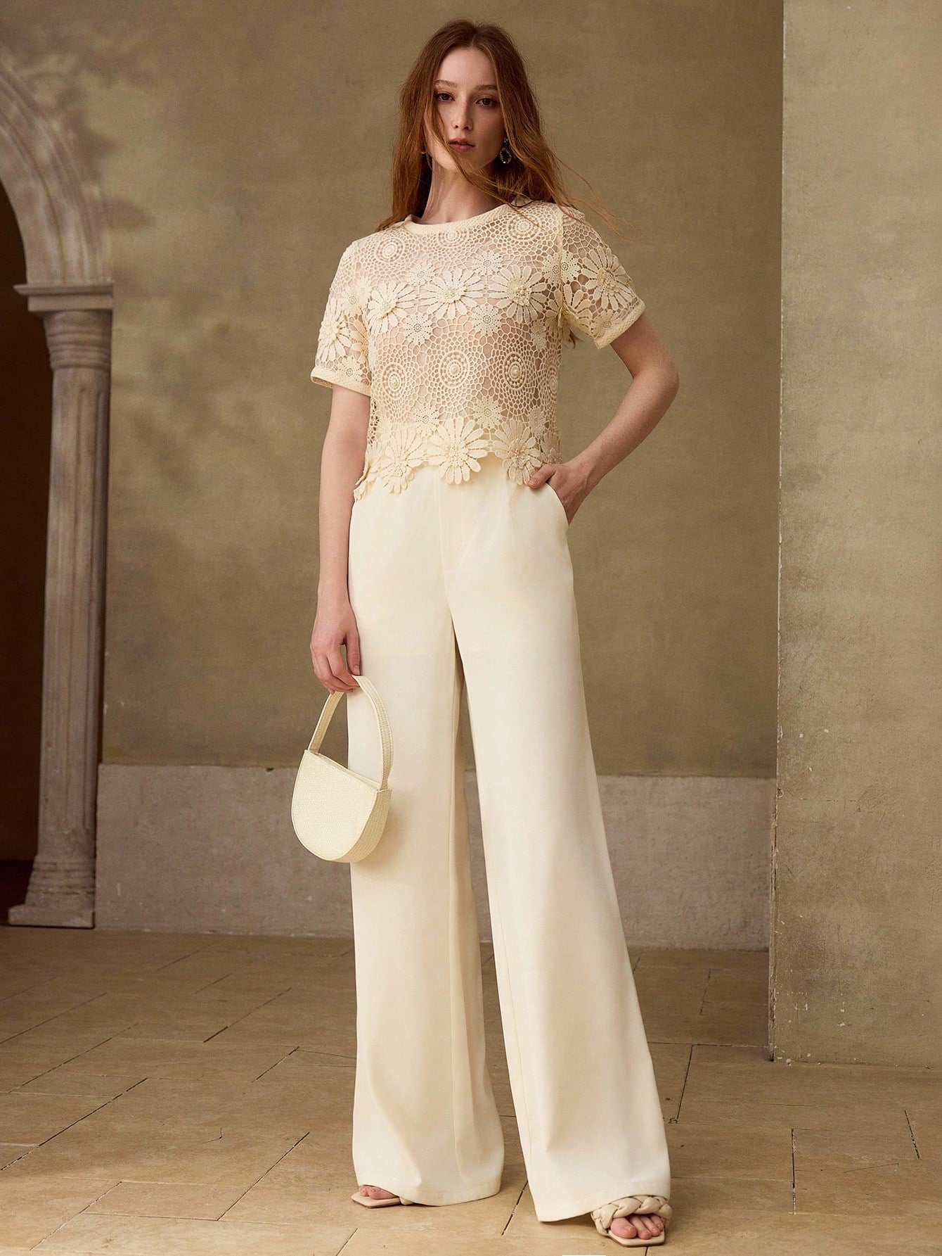 CM-TS364195 Women Elegant Seoul Style Round Neck Short Sleeve Guipure Lace Sheer Top - Apricot