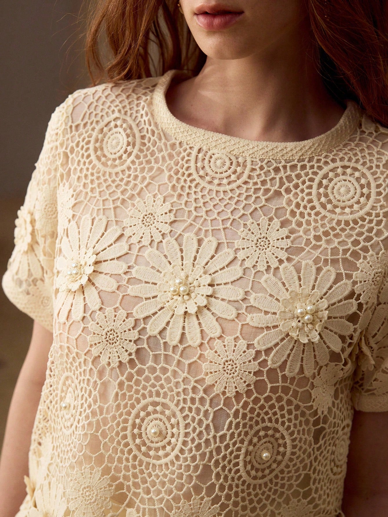 CM-TS364195 Women Elegant Seoul Style Round Neck Short Sleeve Guipure Lace Sheer Top - Apricot