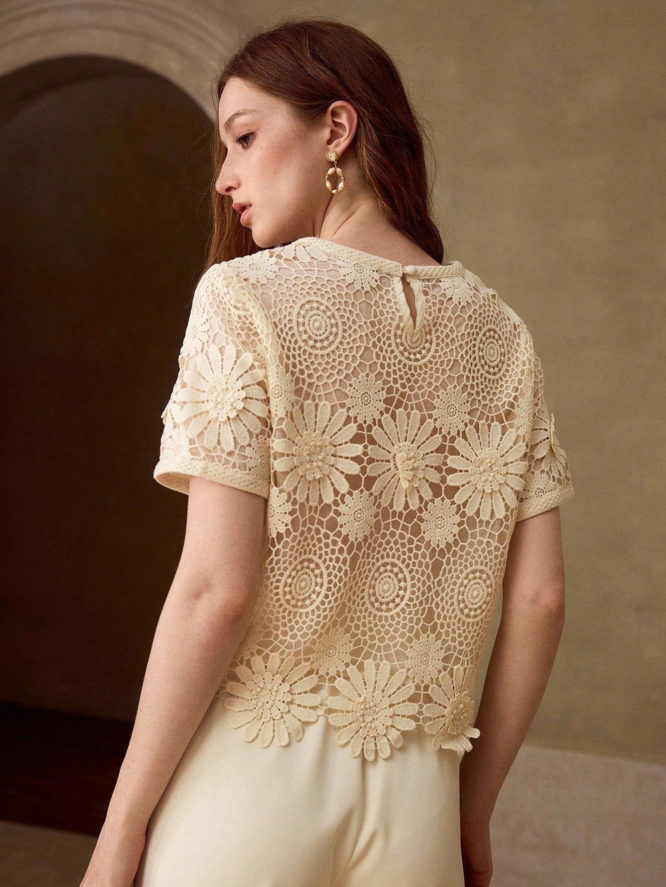 CM-TS364195 Women Elegant Seoul Style Round Neck Short Sleeve Guipure Lace Sheer Top - Apricot