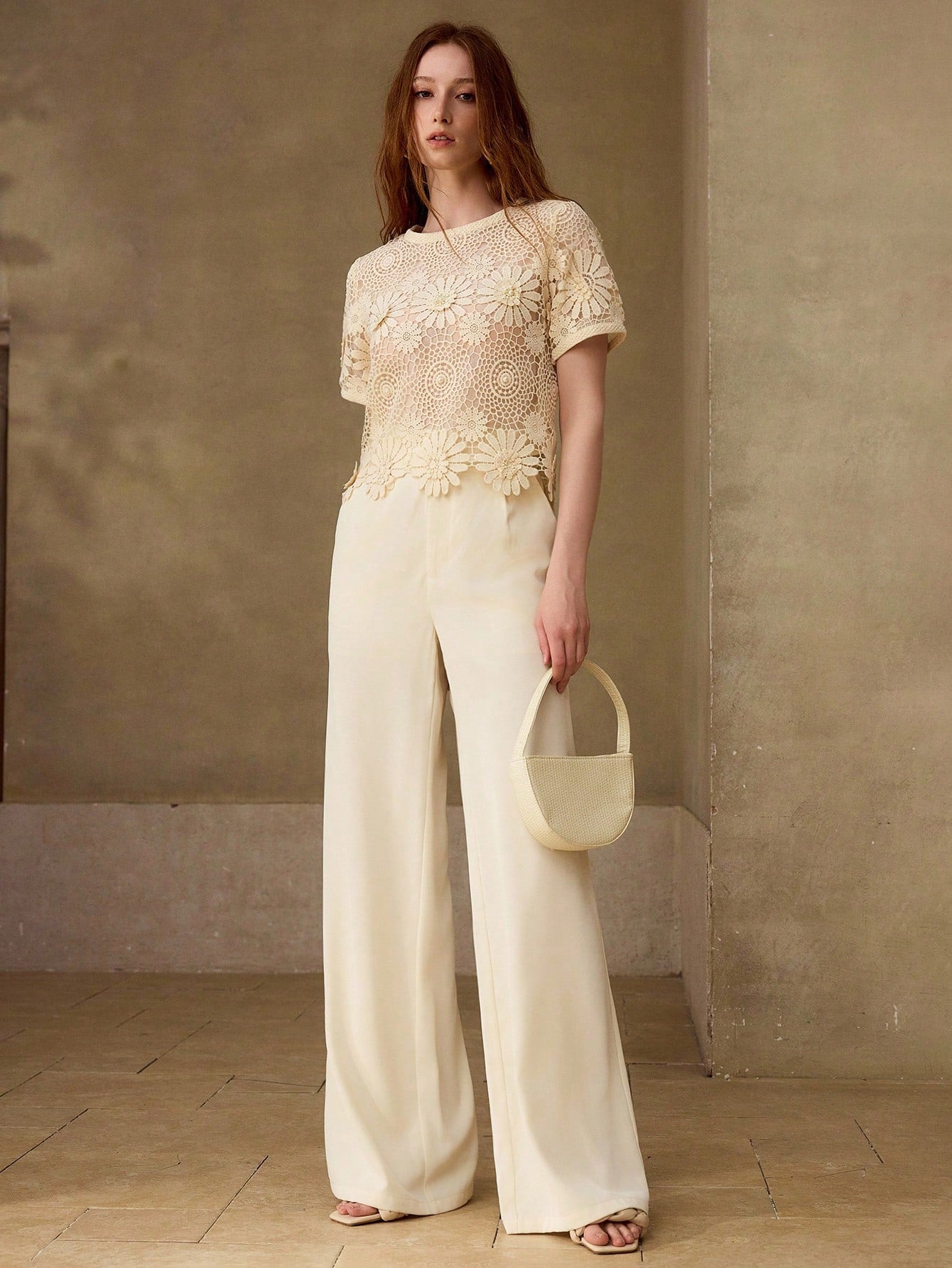CM-TS364195 Women Elegant Seoul Style Round Neck Short Sleeve Guipure Lace Sheer Top - Apricot