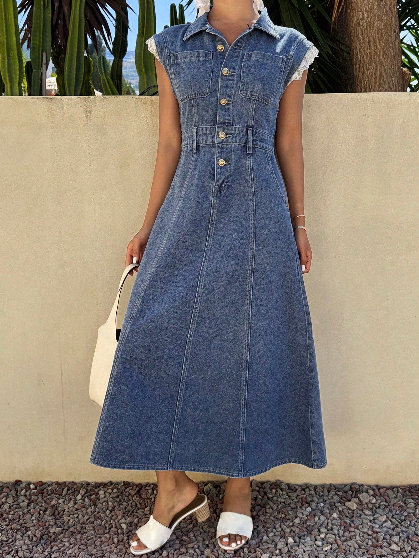 CM-SS212280 Women Casual Seoul Style Medium Wash Lace Patchwork Sleeve Waist Cinched Denim Dress