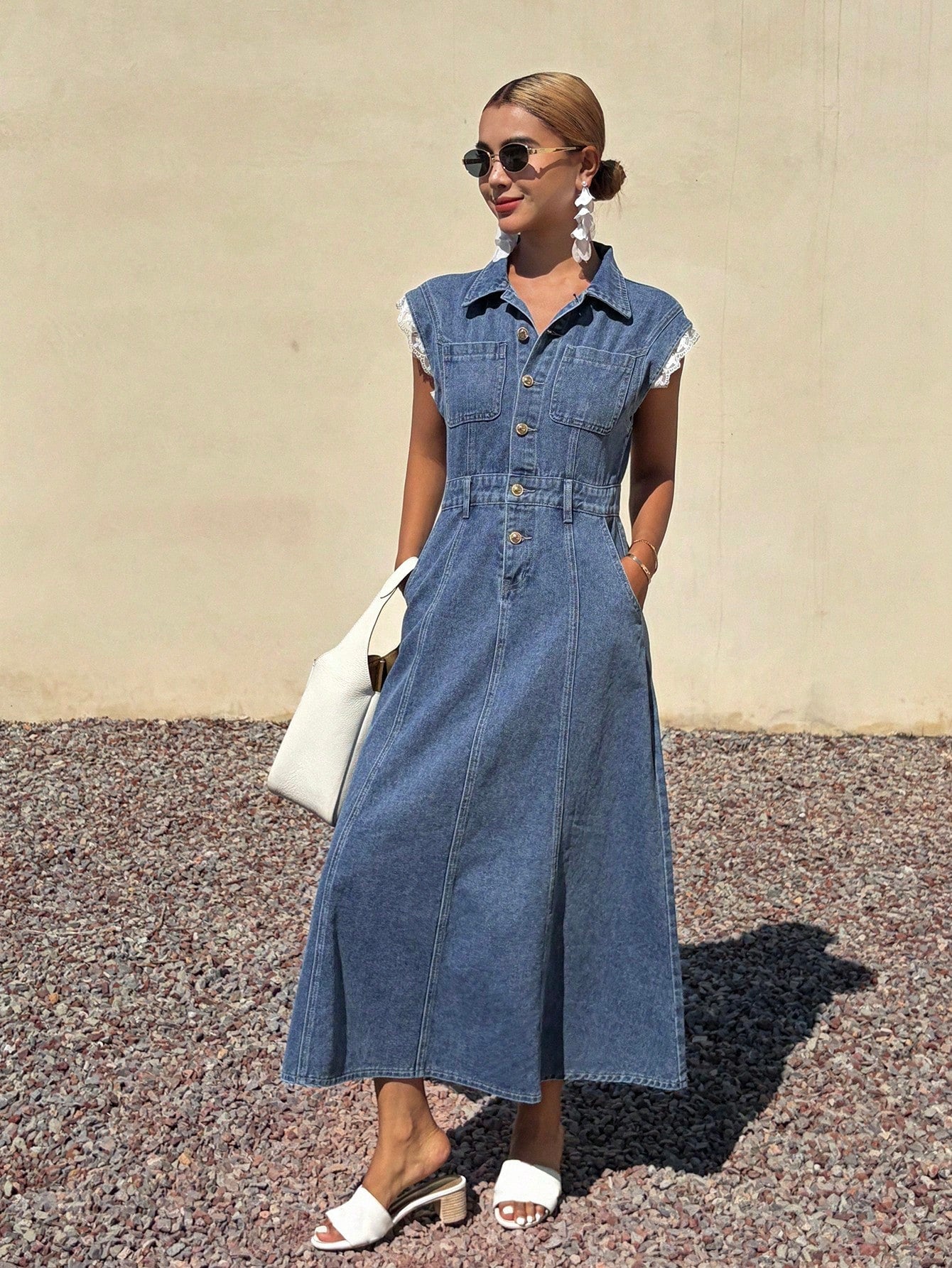 CM-SS212280 Women Casual Seoul Style Medium Wash Lace Patchwork Sleeve Waist Cinched Denim Dress