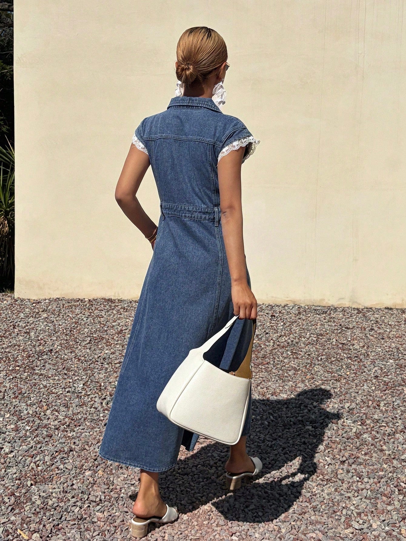 CM-SS212280 Women Casual Seoul Style Medium Wash Lace Patchwork Sleeve Waist Cinched Denim Dress