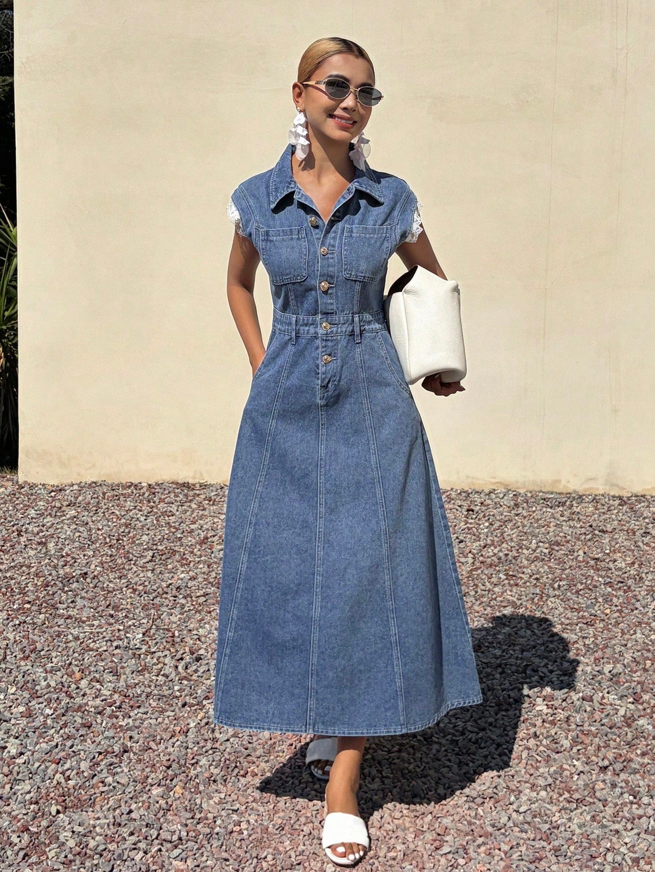 CM-SS212280 Women Casual Seoul Style Medium Wash Lace Patchwork Sleeve Waist Cinched Denim Dress
