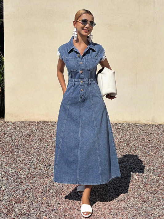 CM-SS212280 Women Casual Seoul Style Medium Wash Lace Patchwork Sleeve Waist Cinched Denim Dress