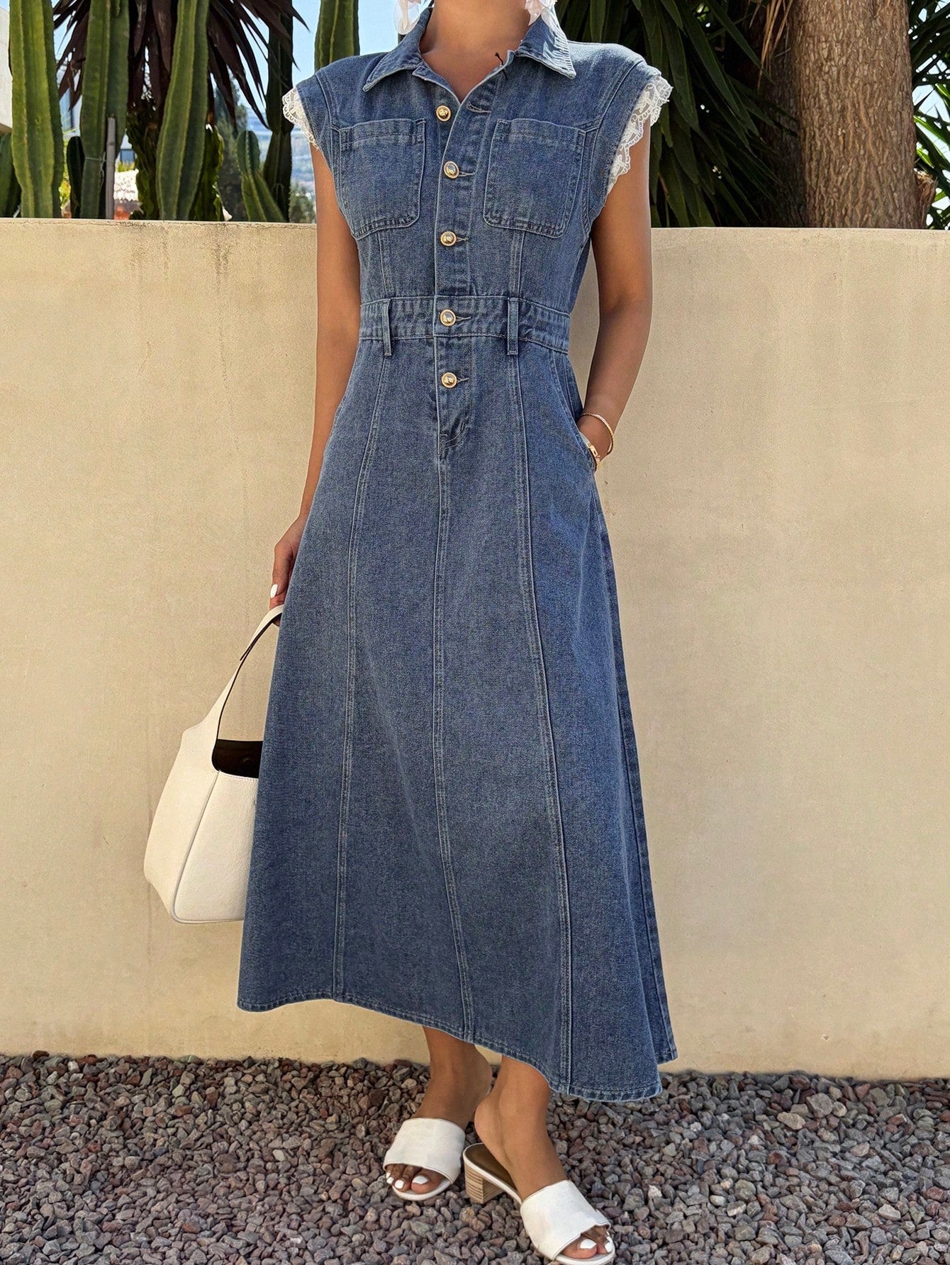 CM-SS212280 Women Casual Seoul Style Medium Wash Lace Patchwork Sleeve Waist Cinched Denim Dress