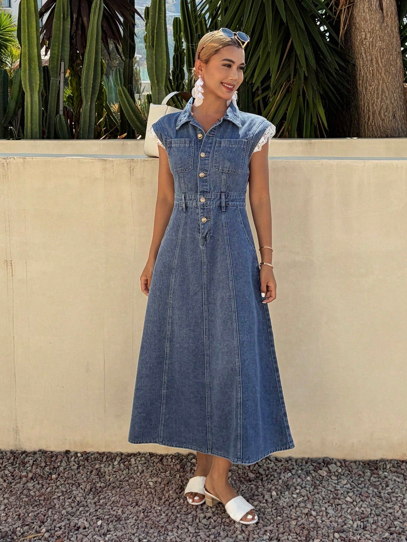 CM-SS212280 Women Casual Seoul Style Medium Wash Lace Patchwork Sleeve Waist Cinched Denim Dress
