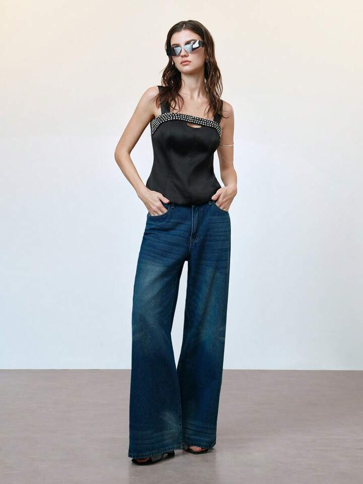 CM-TS169119 Women Casual Seoul Style Straps Sleeveless Hollow Rhinestone Decor Satin Tank Top - Black