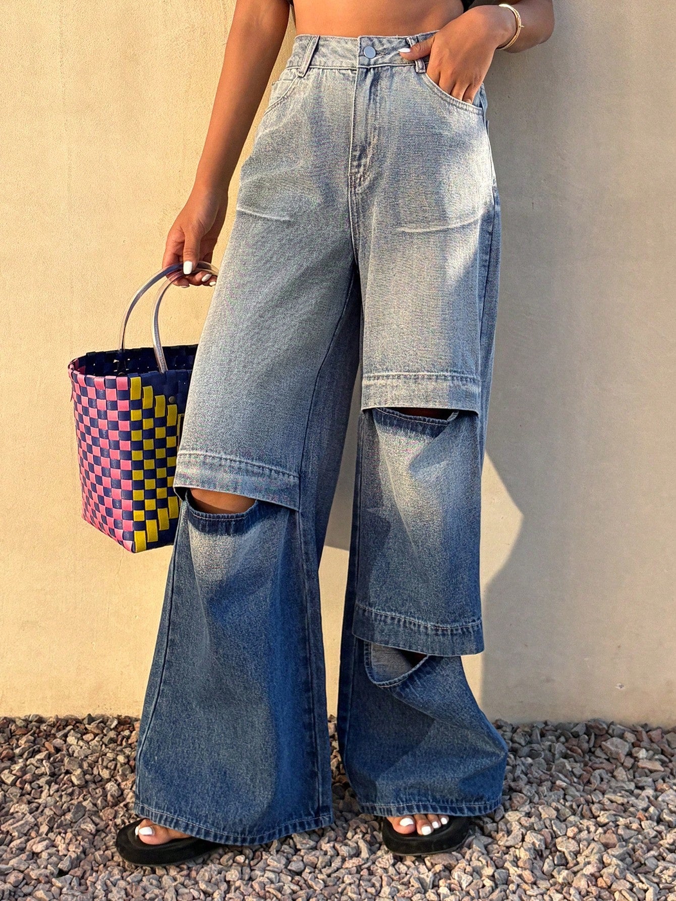 CM-BS078720 Women Casual Seoul Style Ombre Washed Distressed Loose Flare Leg Jeans - Blue