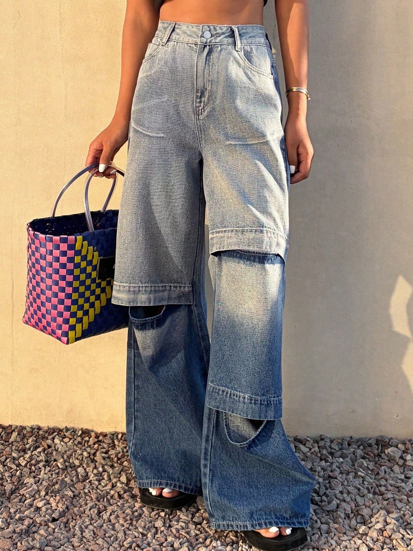 CM-BS078720 Women Casual Seoul Style Ombre Washed Distressed Loose Flare Leg Jeans - Blue