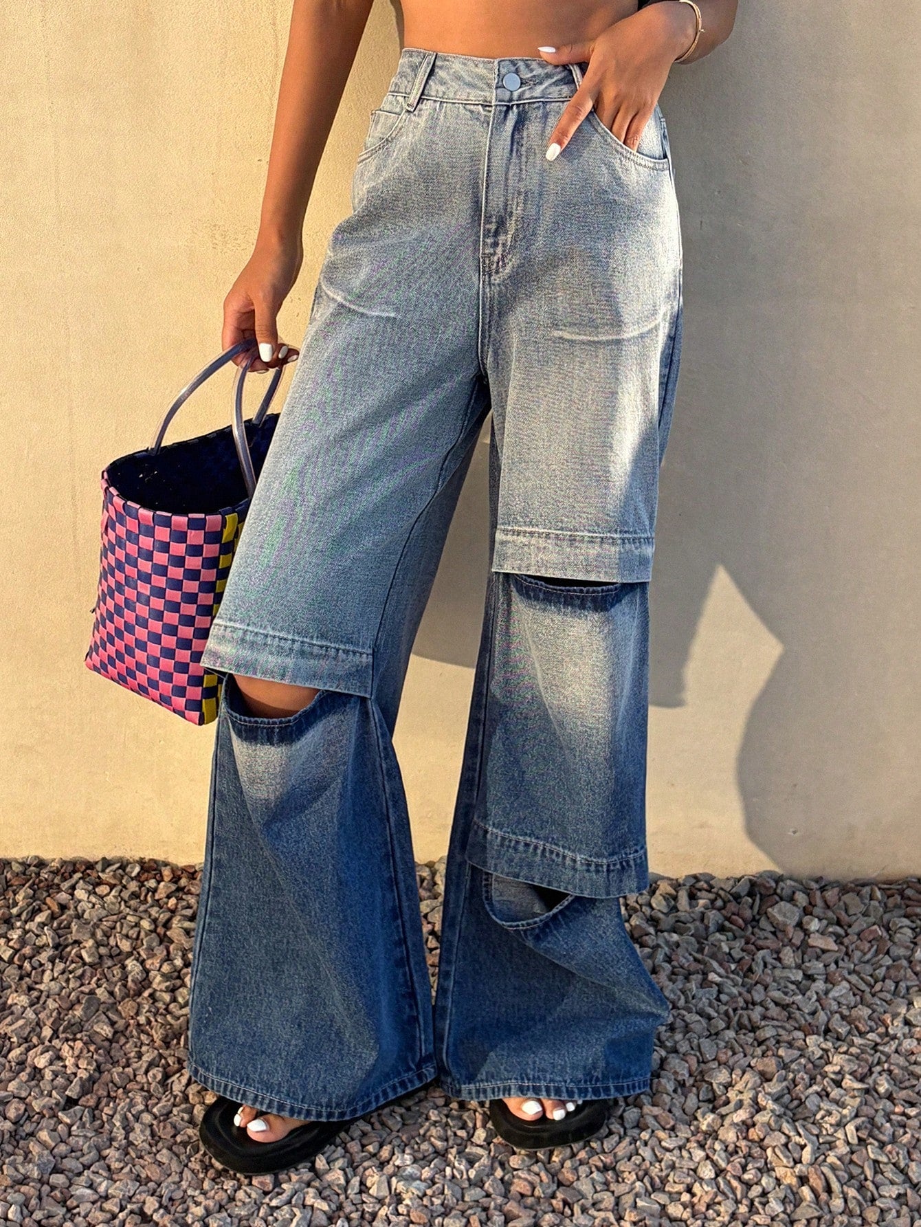 CM-BS078720 Women Casual Seoul Style Ombre Washed Distressed Loose Flare Leg Jeans - Blue