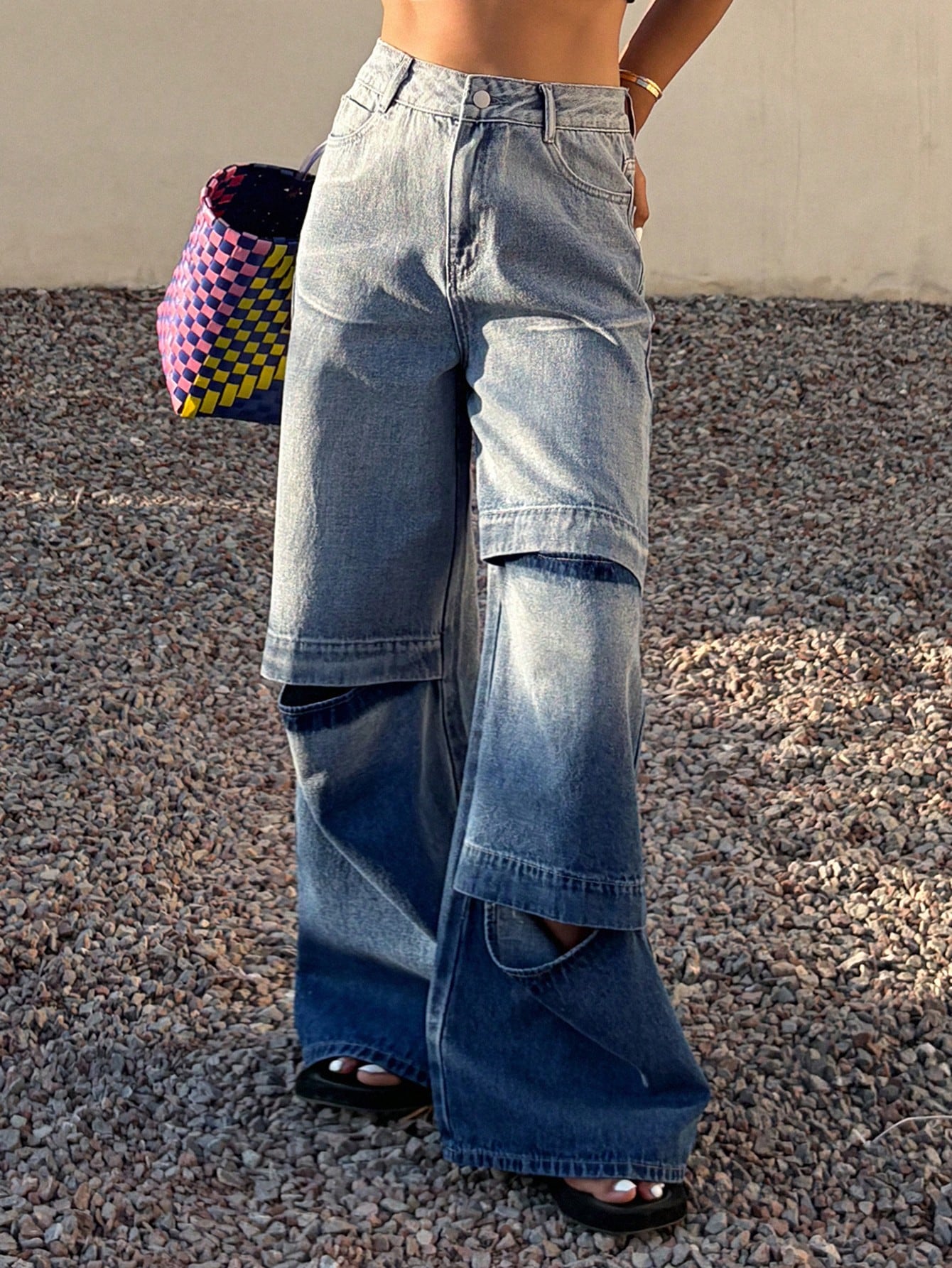CM-BS078720 Women Casual Seoul Style Ombre Washed Distressed Loose Flare Leg Jeans - Blue